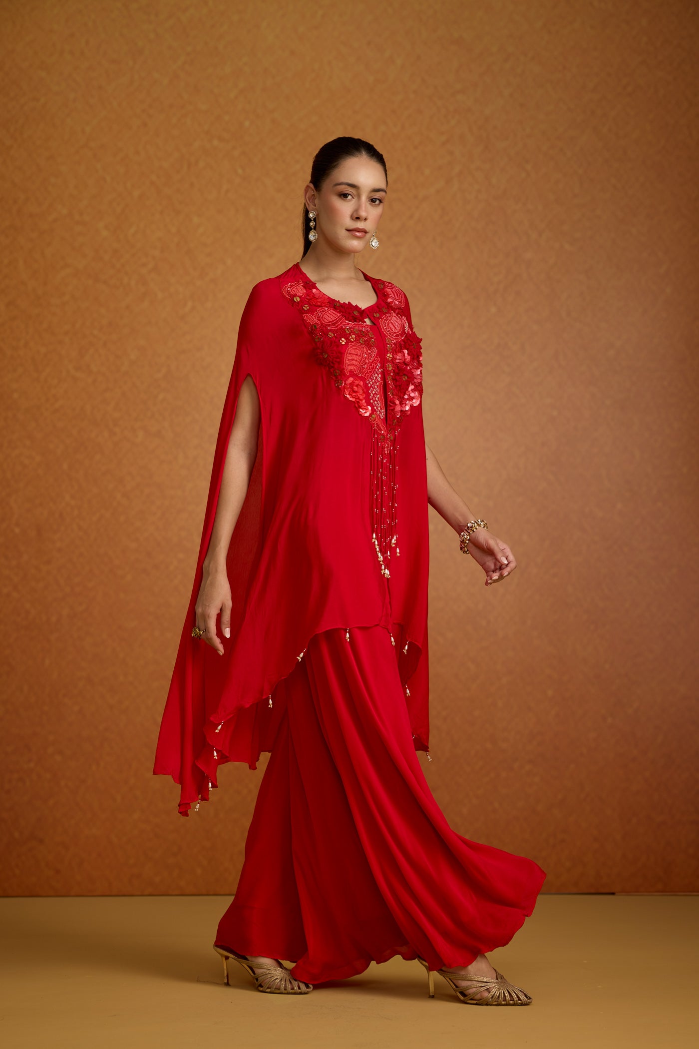 Royal Crimson Embellished Chinon Silk Palazzo Set