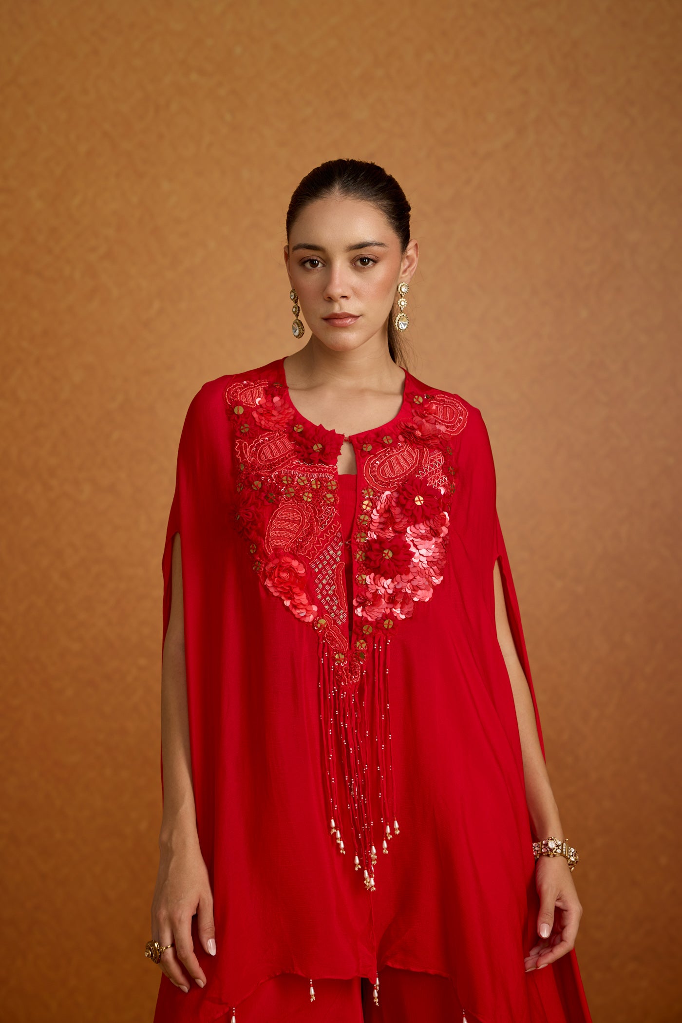 Royal Crimson Embellished Chinon Silk Palazzo Set