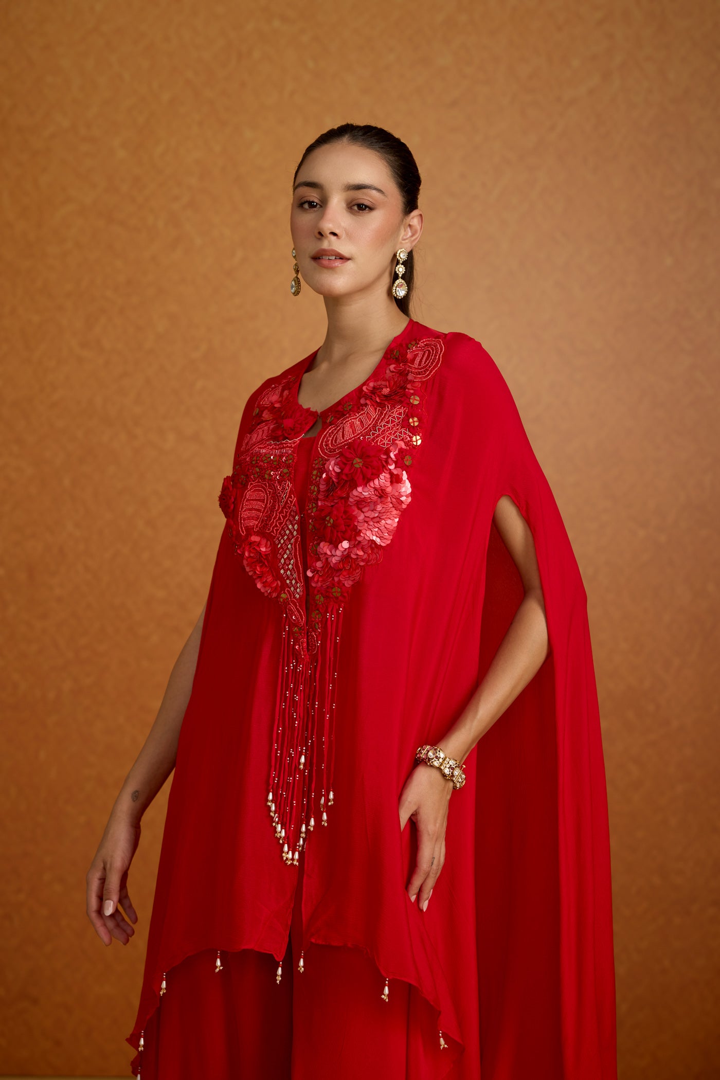 Royal Crimson Embellished Chinon Silk Palazzo Set