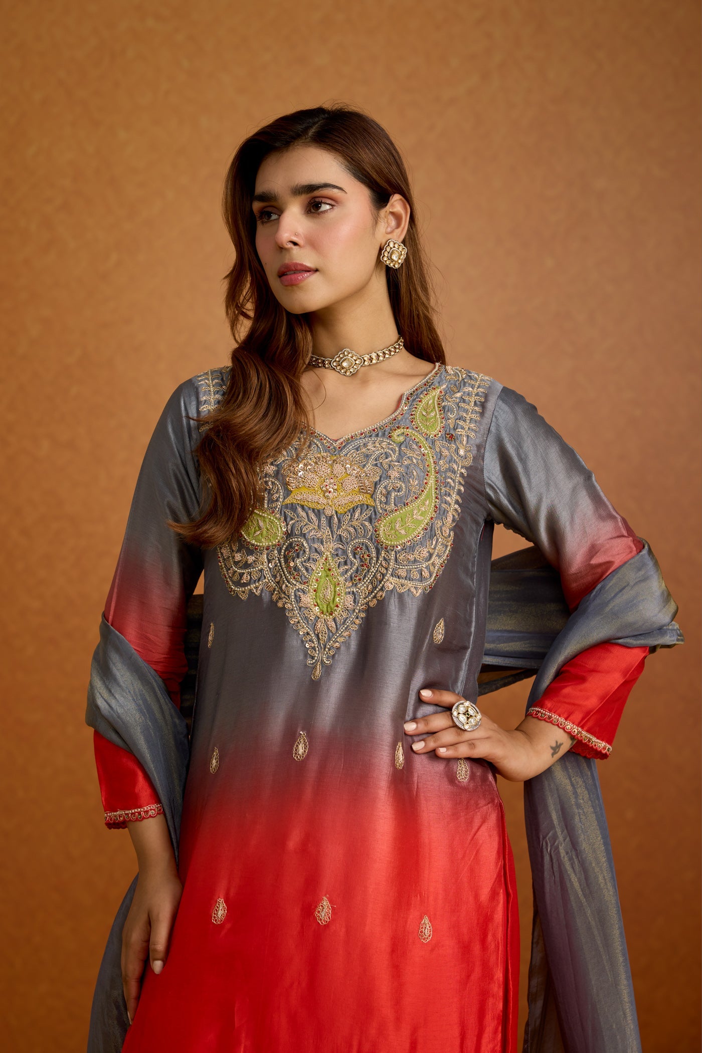Royal Red & Grey Ombre Embellished Crepe Silk Pant Set