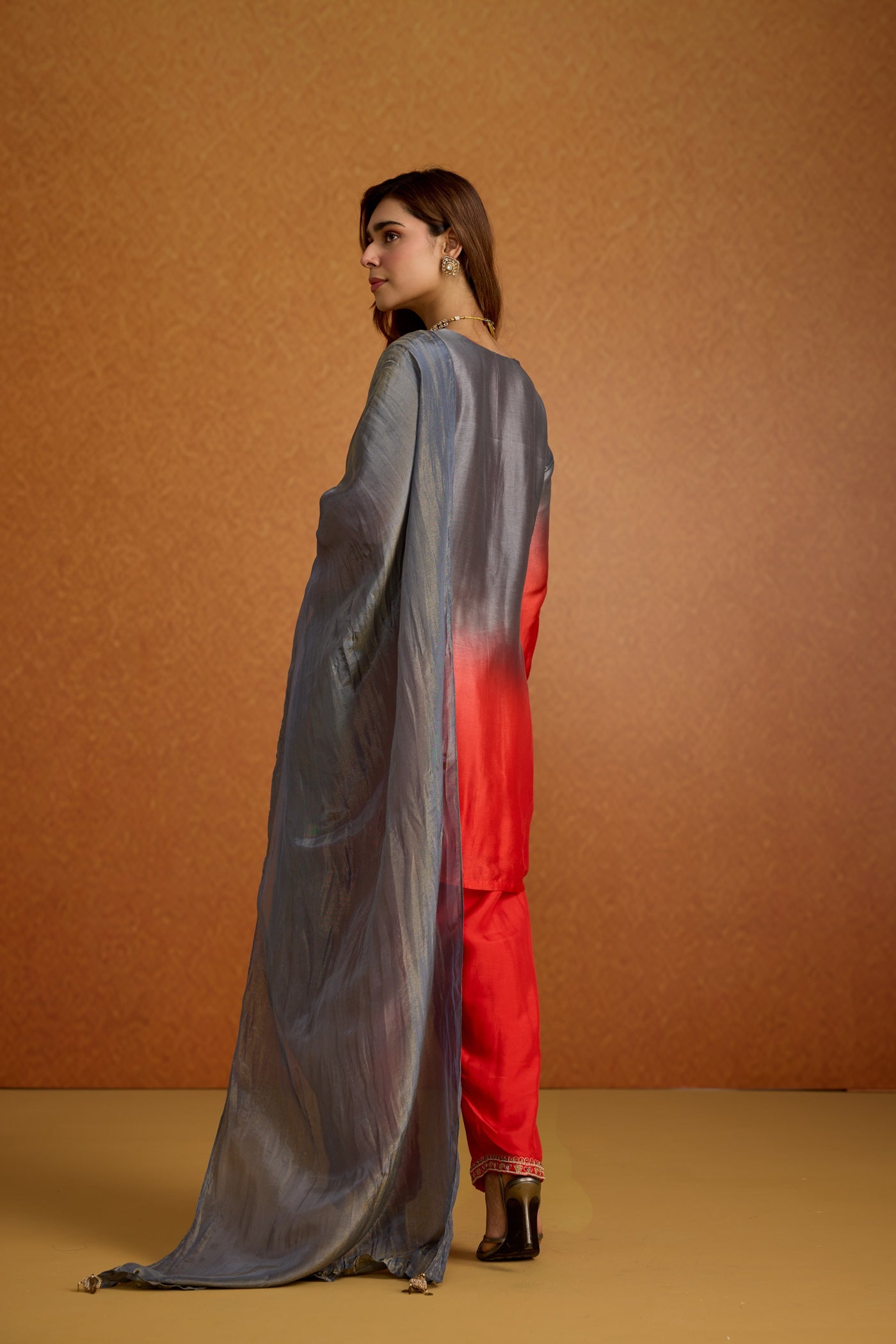 Royal Red & Grey Ombre Embellished Crepe Silk Pant Set