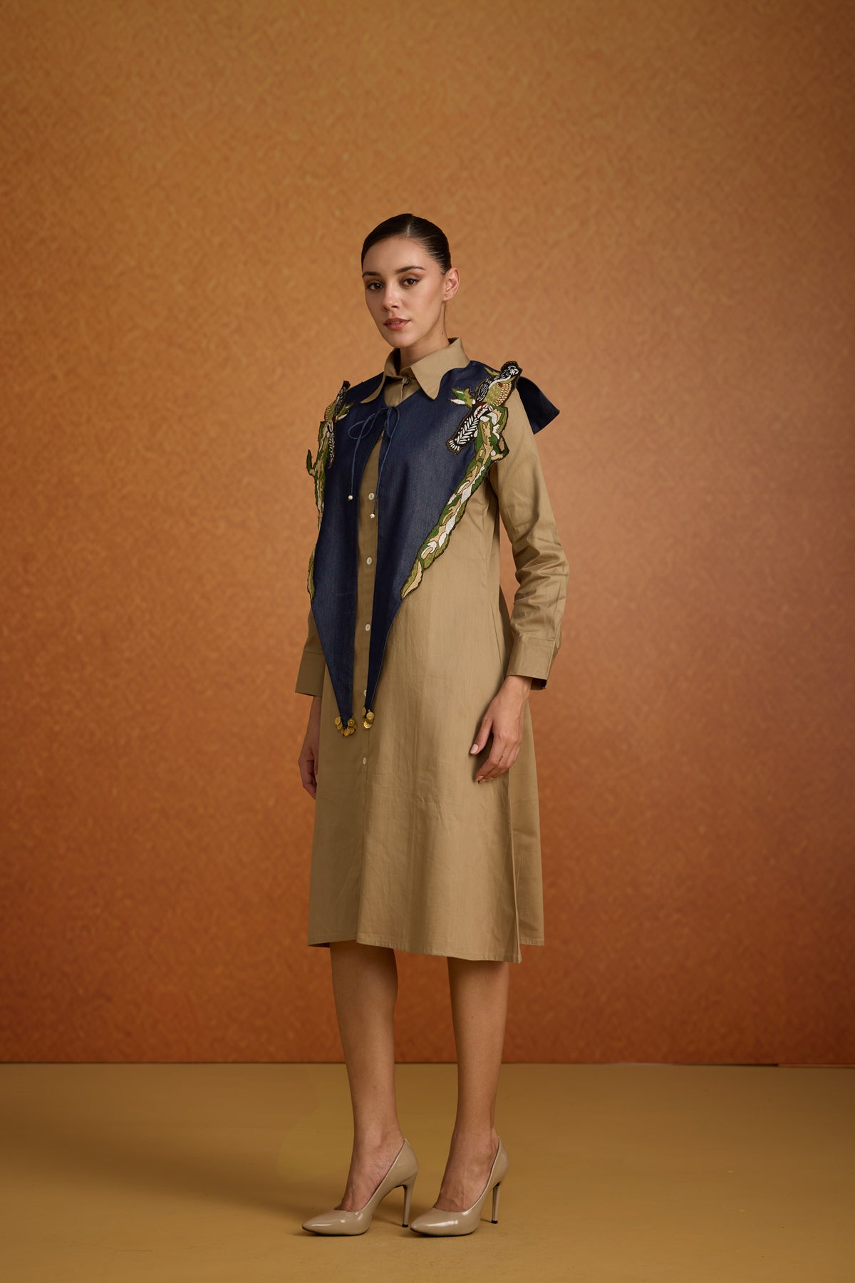 Beige Denim Embroidered Cotton Midi Dress