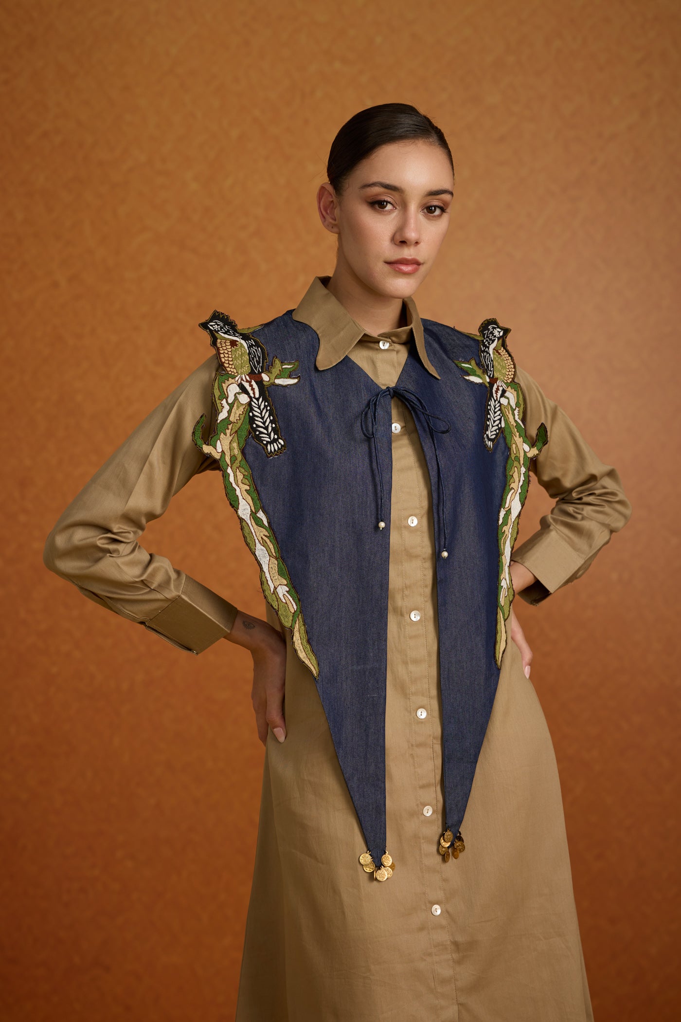 Beige Denim Embroidered Cotton Midi Dress