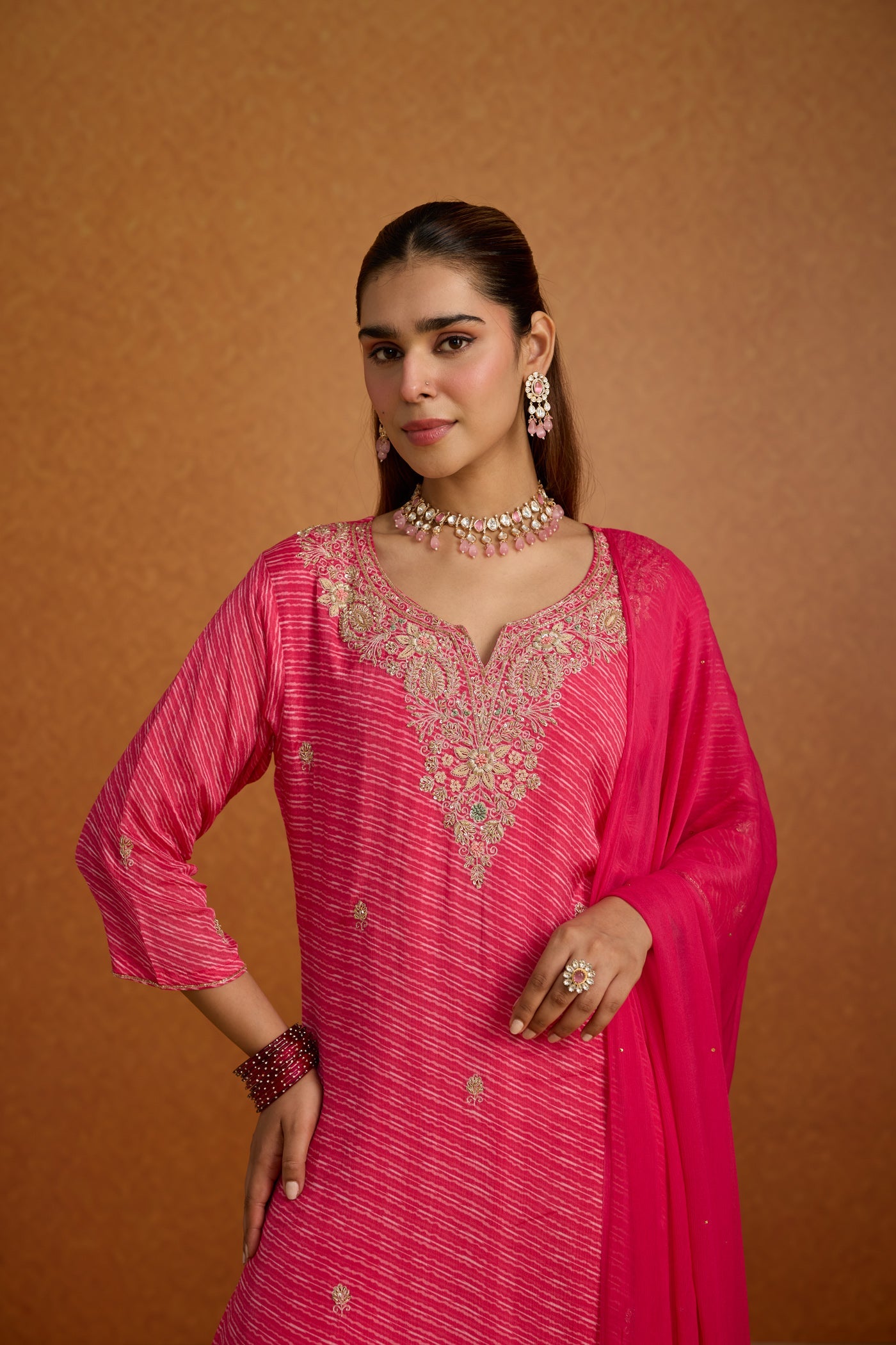 Rani Pink Embellished Lehriya Crepe Silk Palazzo Set