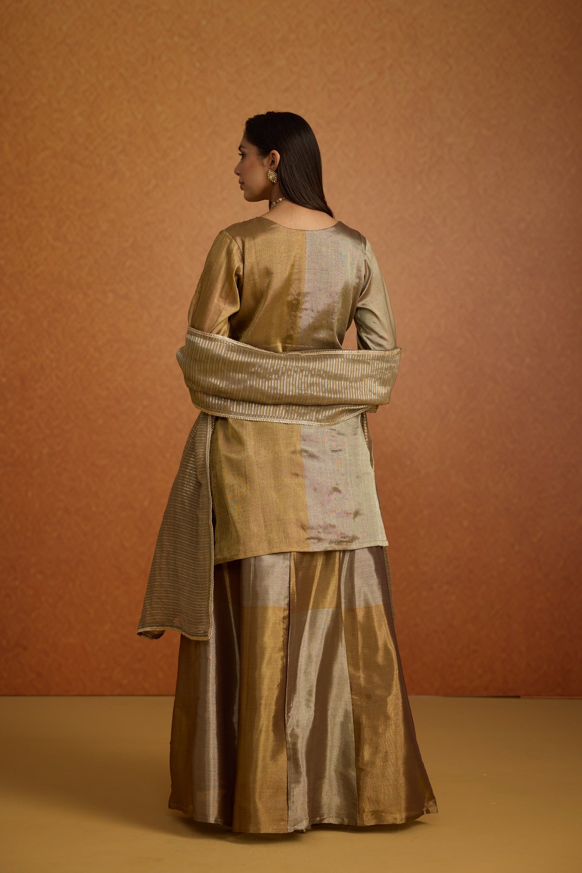 Metallic Greige Embellished Premium Silk Skirt Set
