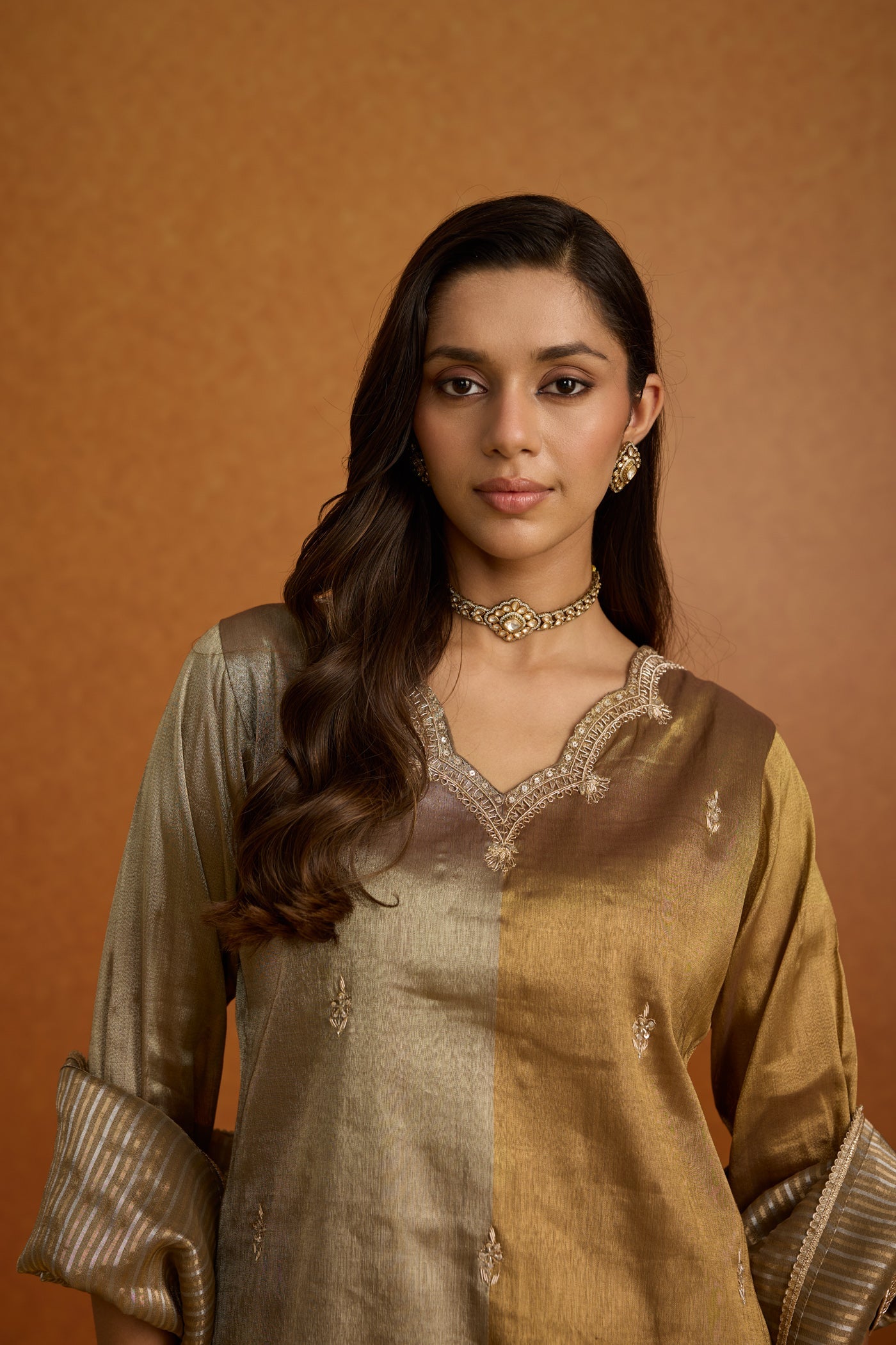 Metallic Greige Embellished Premium Silk Skirt Set