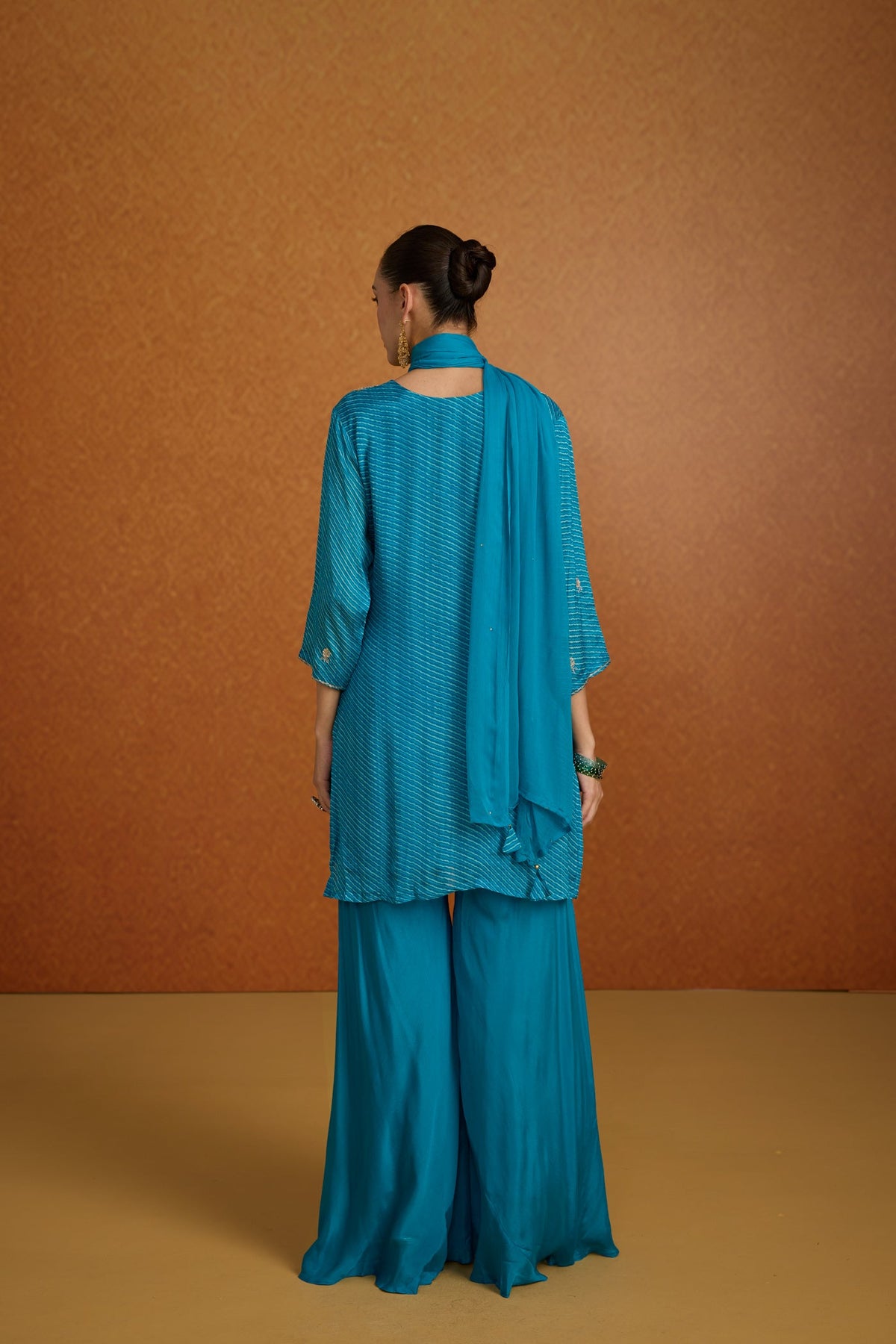 Turquoise Teal Embellished Leheriya Crepe Silk Palazzo Set