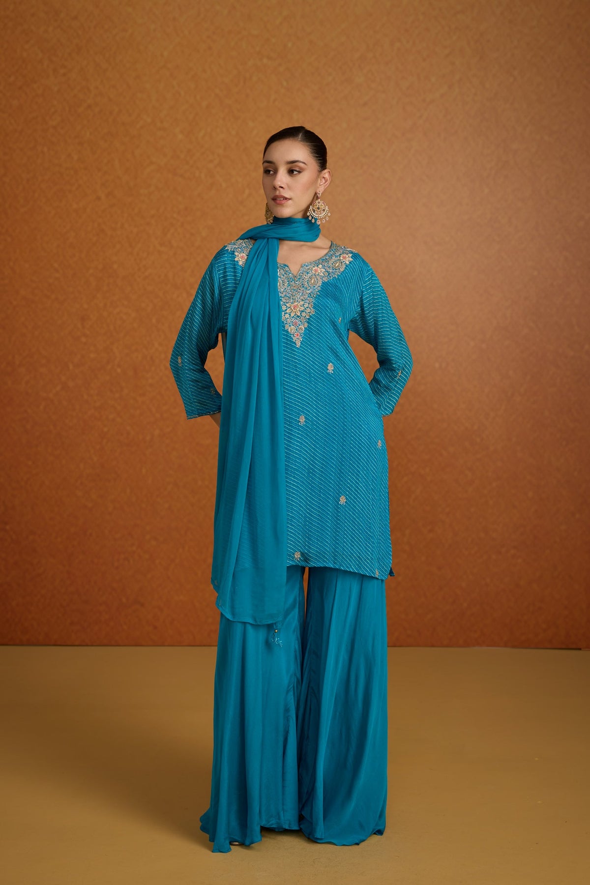 Turquoise Teal Embellished Leheriya Crepe Silk Palazzo Set