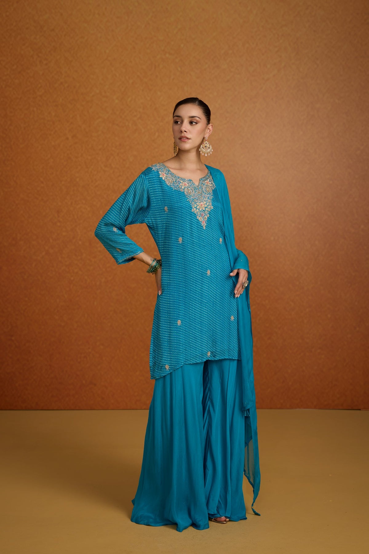Turquoise Teal Embellished Leheriya Crepe Silk Palazzo Set