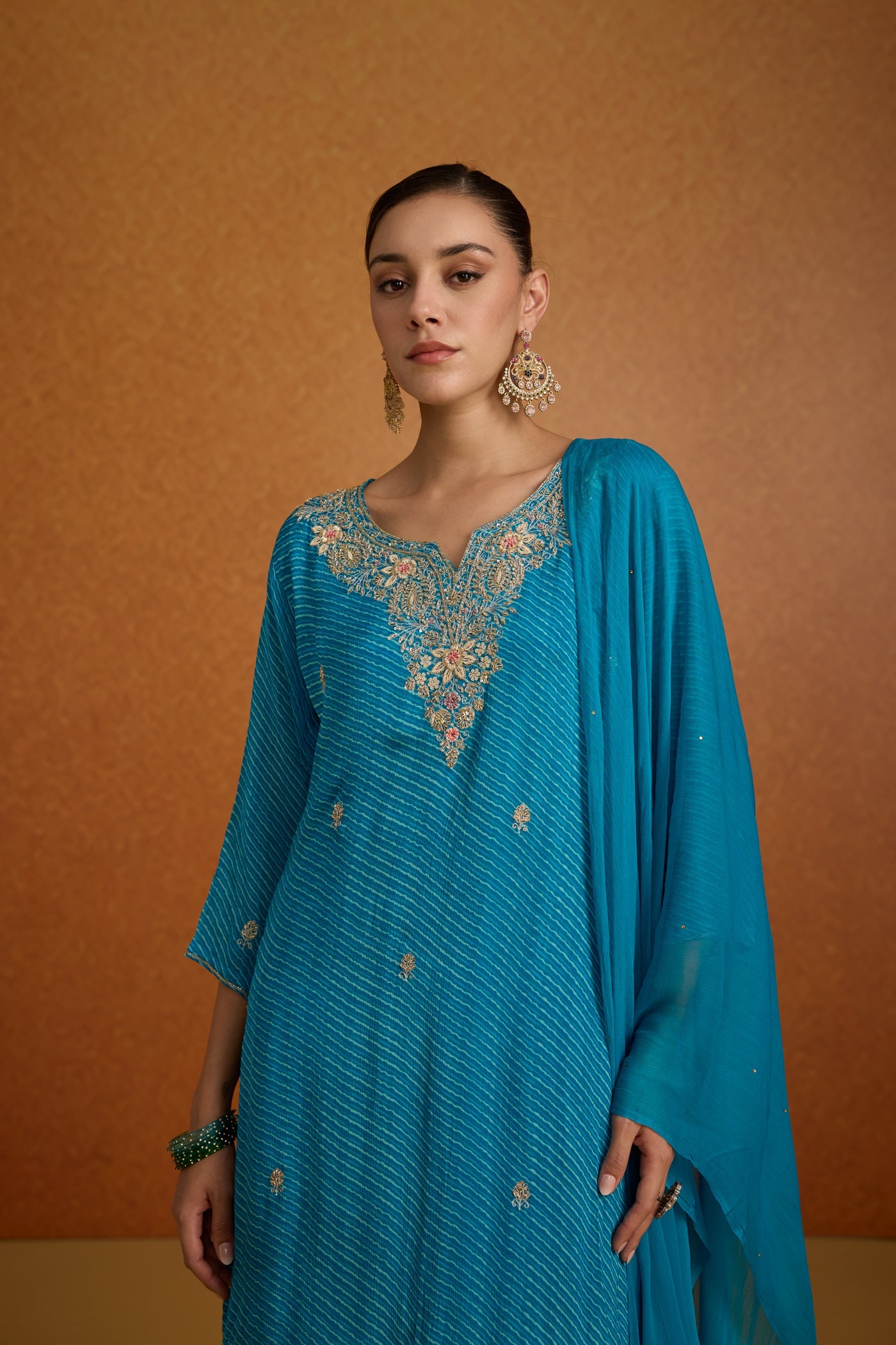 Turquoise Teal Embellished Lehriya Crepe Silk Palazzo Set
