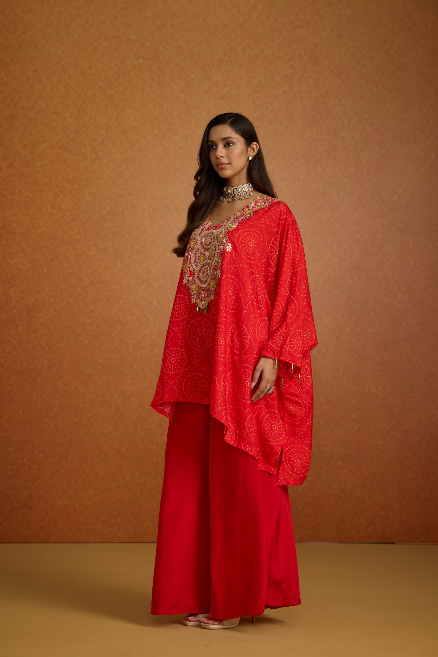Poppy Red Embellished Crepe Silk Kaftan Set