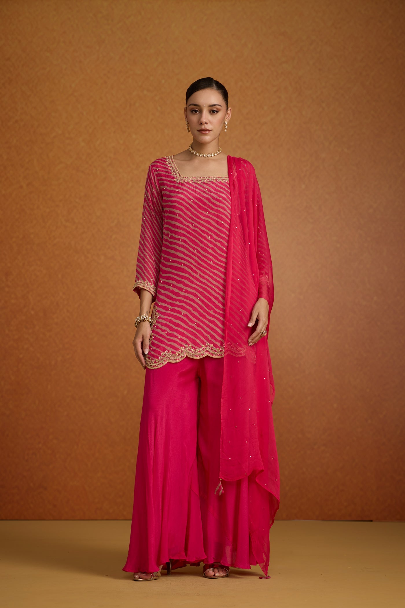 Magenta Pink Embellished Lehriya Chinon Silk Palazzo Set