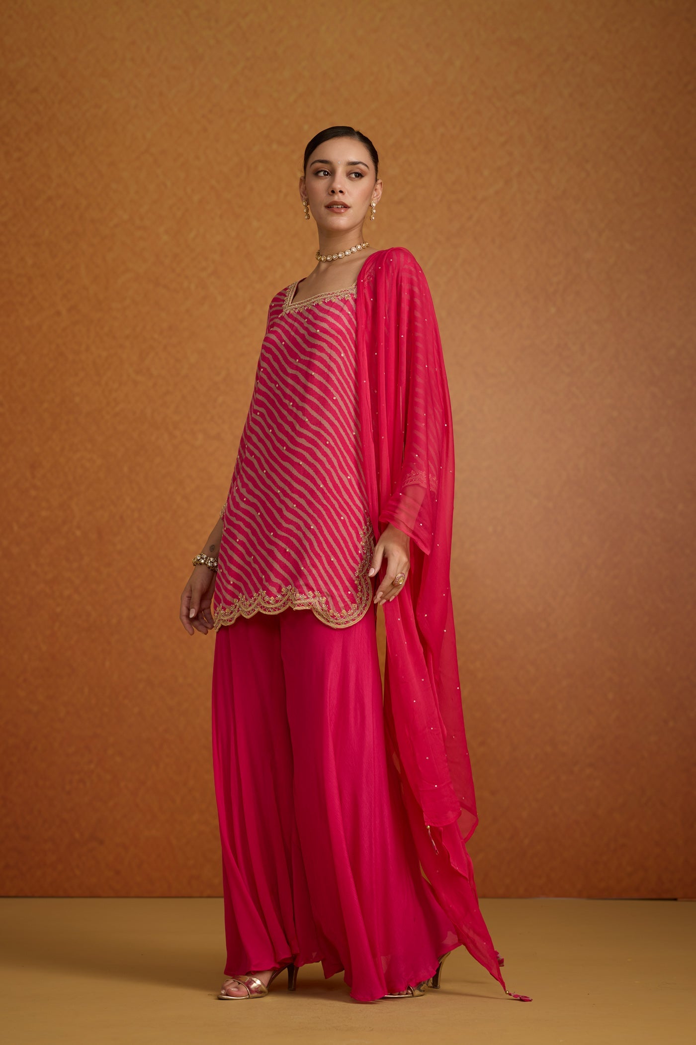 Magenta Pink Embellished Lehriya Chinon Silk Palazzo Set