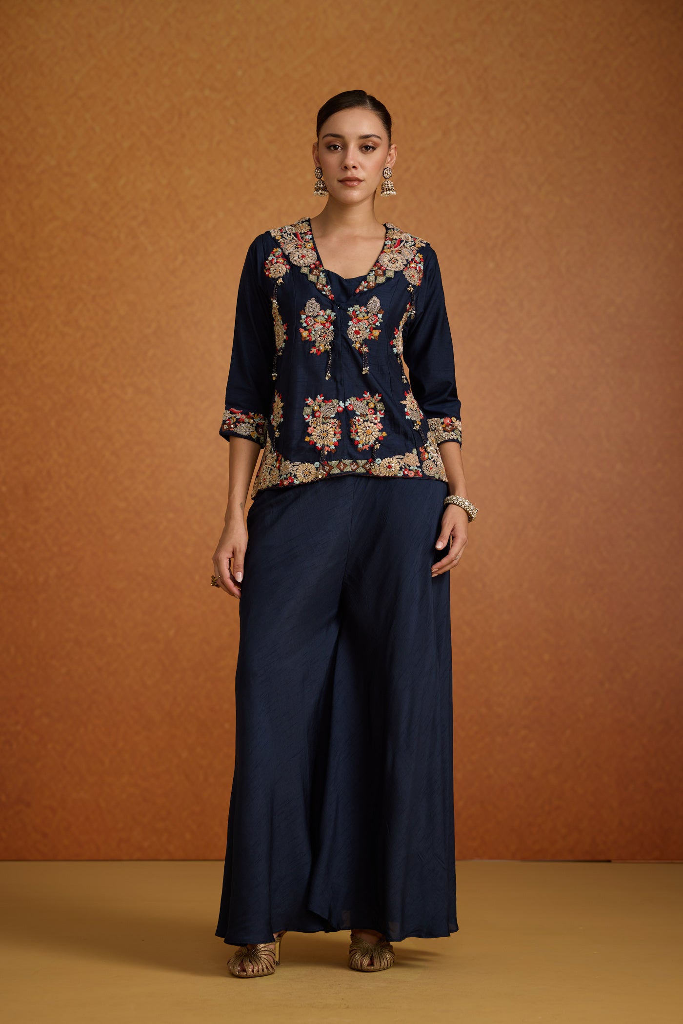 Navy Blue Embroidered Raw Silk Sharara Set