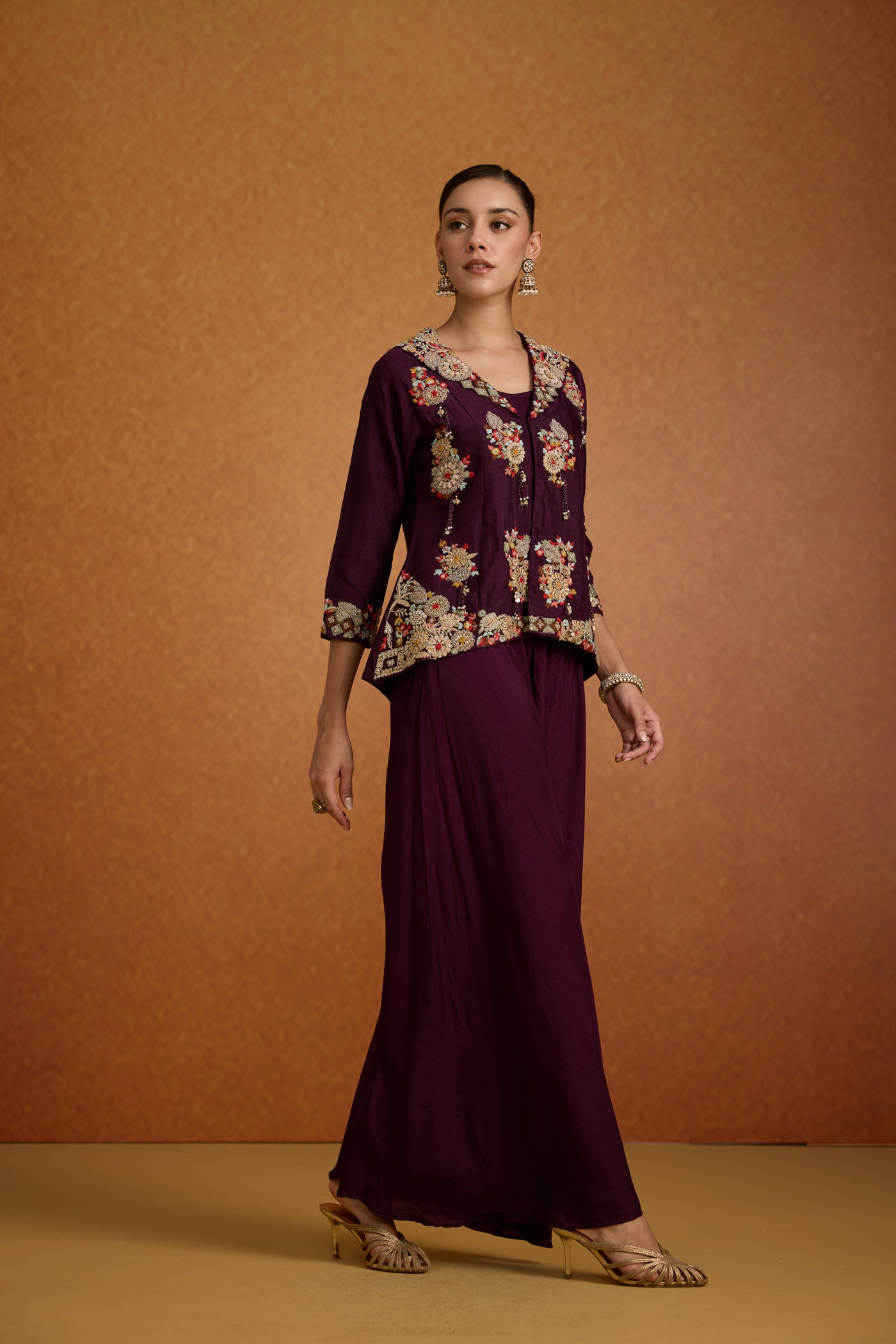 Deep Aubergine Embroidered Raw Silk Sharara Set