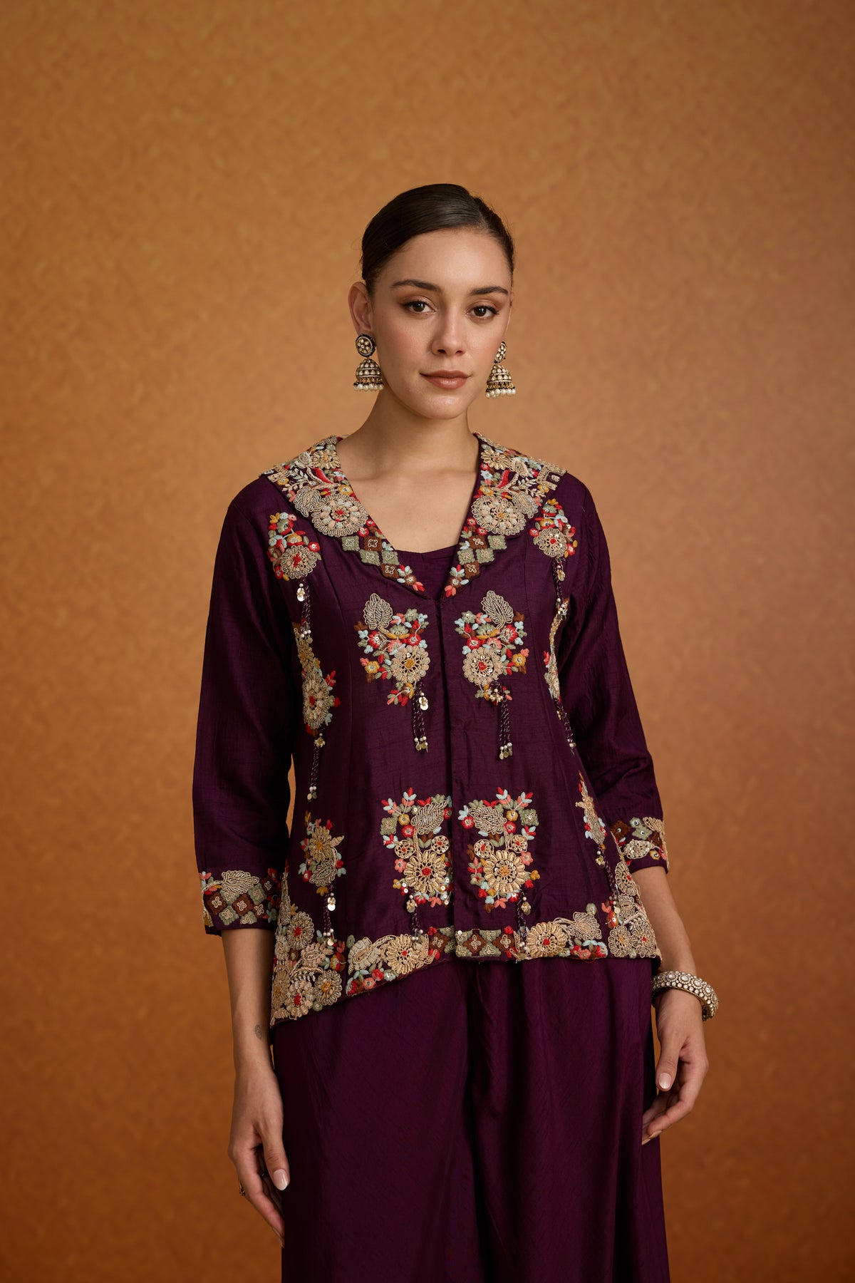 Deep Aubergine Embroidered Raw Silk Sharara Set