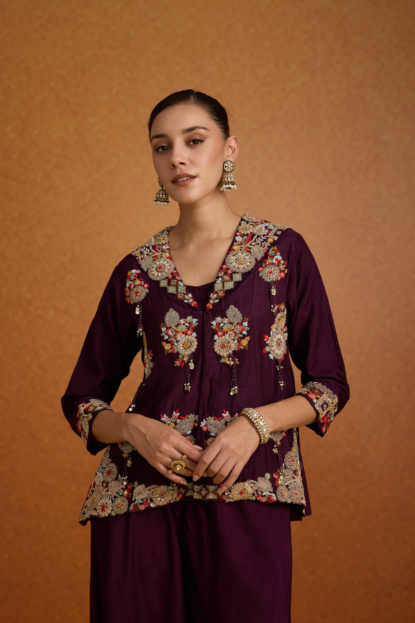 Deep Aubergine Embroidered Raw Silk Sharara Set