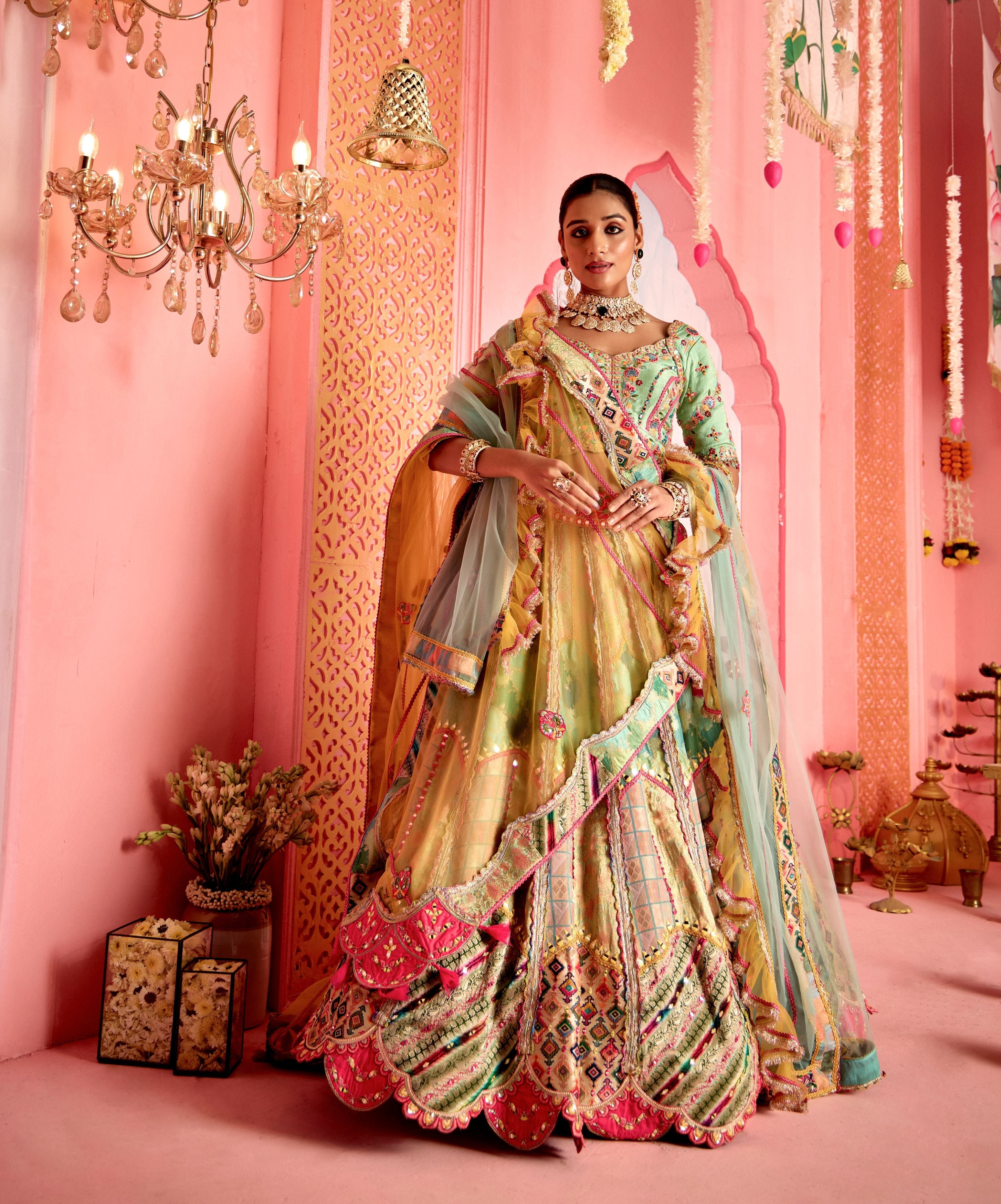 Multi Color Embellished Banarasi Silk Lehenga Set
