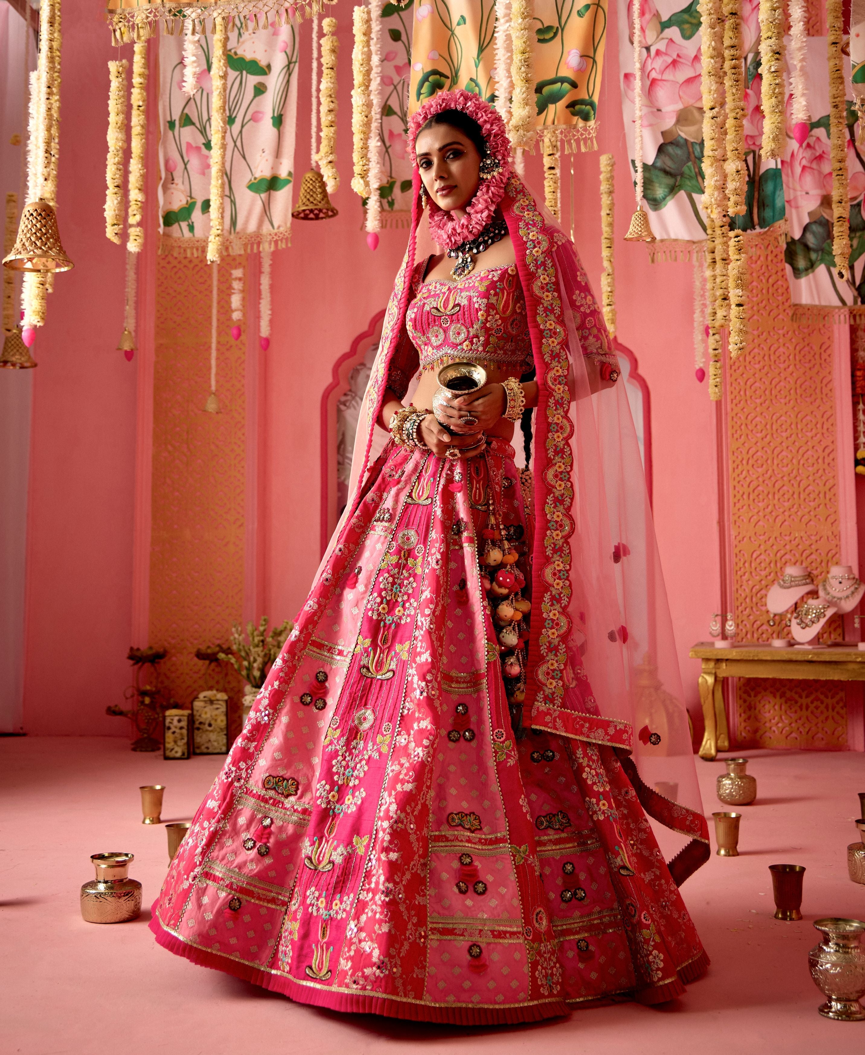 Dark Pink Embellished Banarasi Silk Lehenga Set
