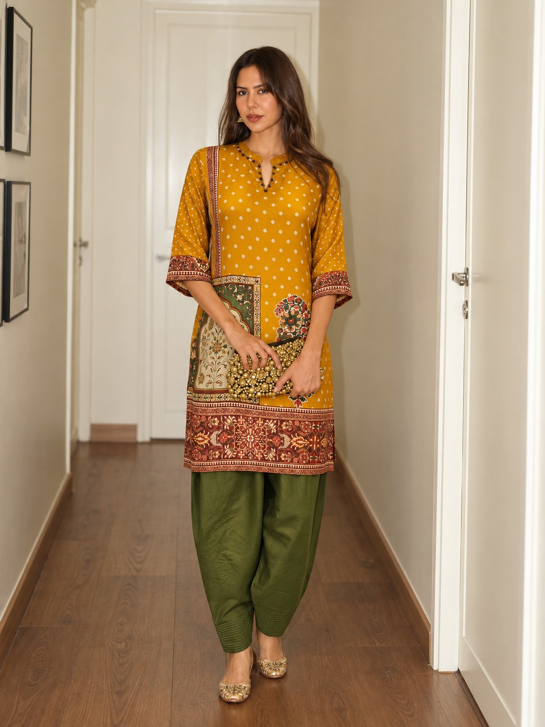 Marigold Printed Crepe Silk Farshi Salwar Set