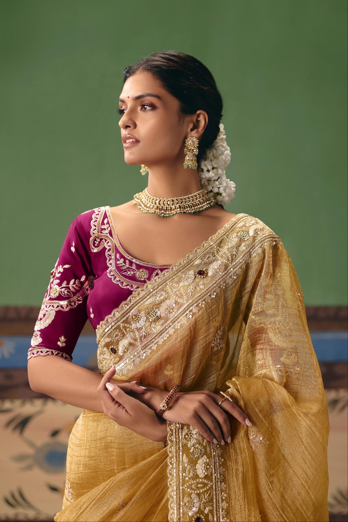 Mustard Ochre Embellished Tissue Organza Silk Saree