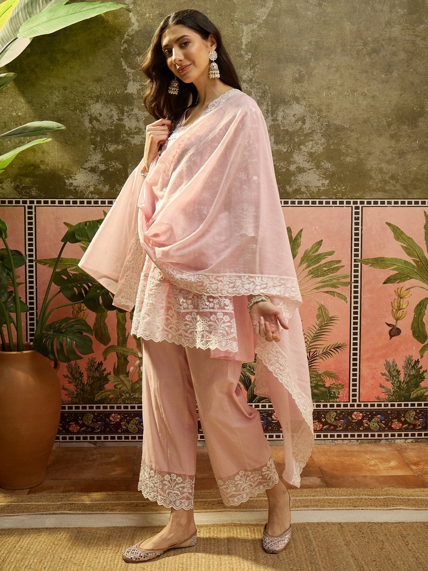 Soft Pink Embroidered Mul Chanderi Silk Pant Set