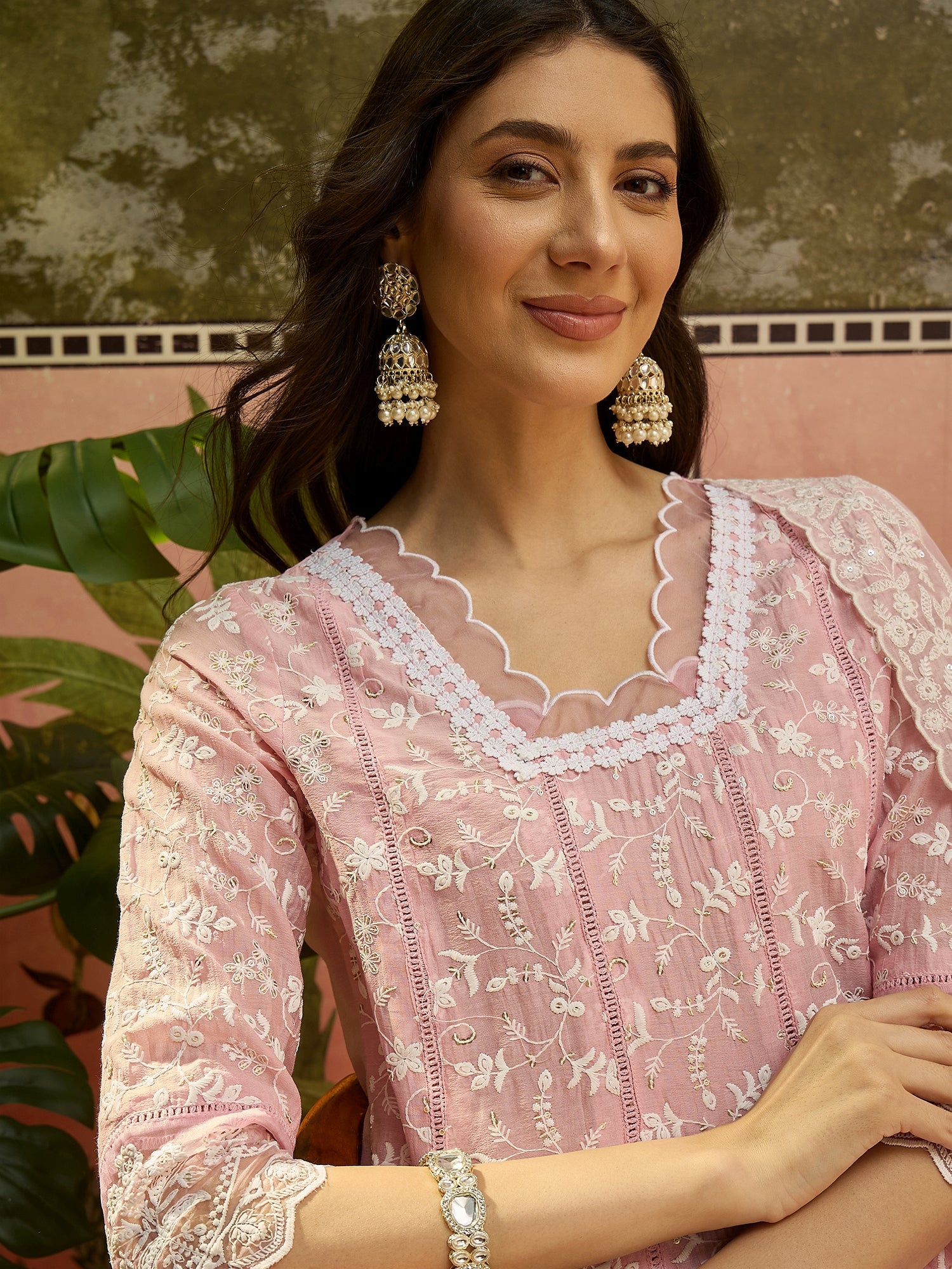 Soft Pink Embroidered Mul Chanderi Silk Pant Set