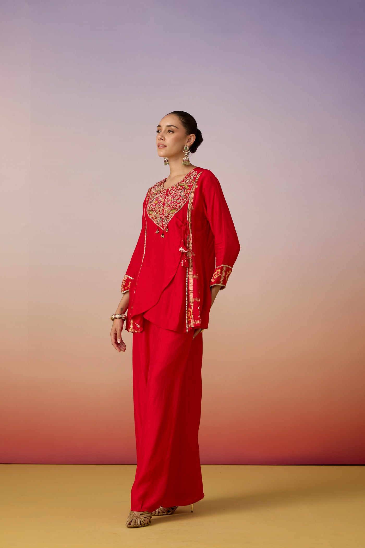 Vermilion Embellished Raw Silk Palazzo Set