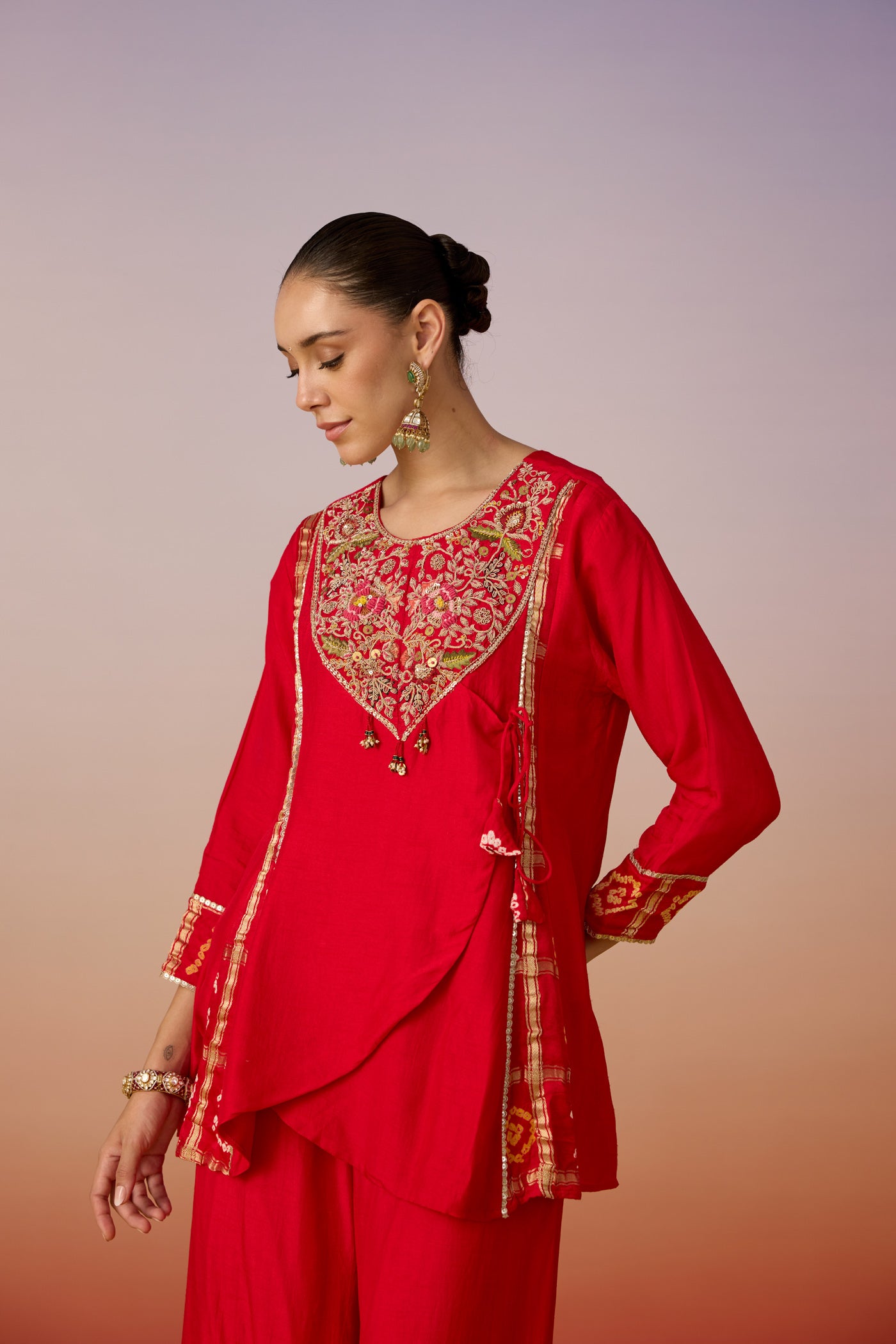 Vermilion Embellished Raw Silk Palazzo Set