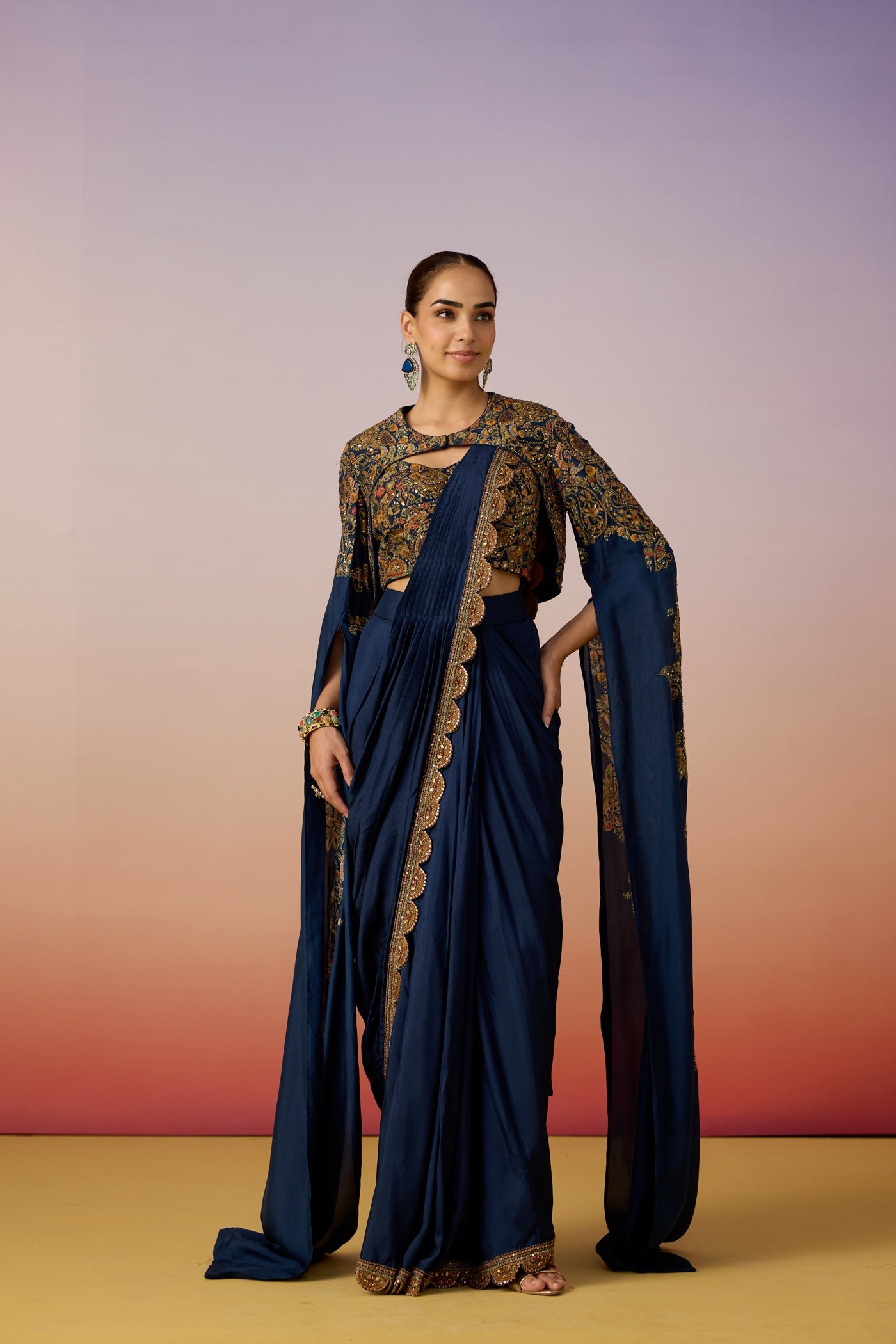 Classic Blue Embellished Dola Silk Cape Saree