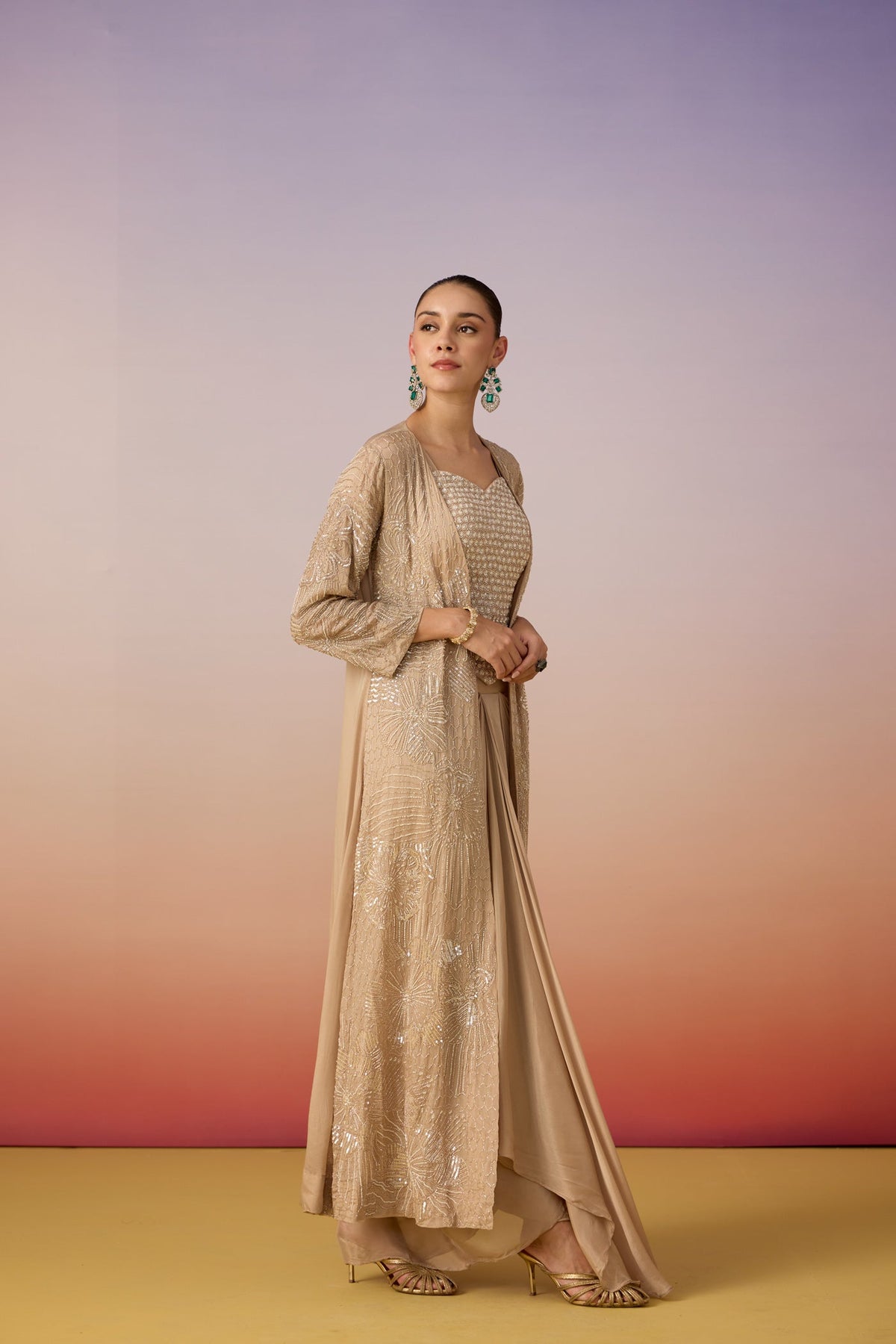 Sand Beige Embellished Chinon Silk Skirt Set