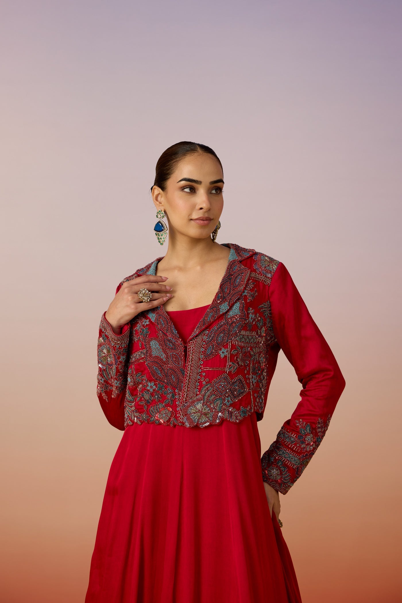 Crimson Red Embellished Satin Silk Anarkali Set