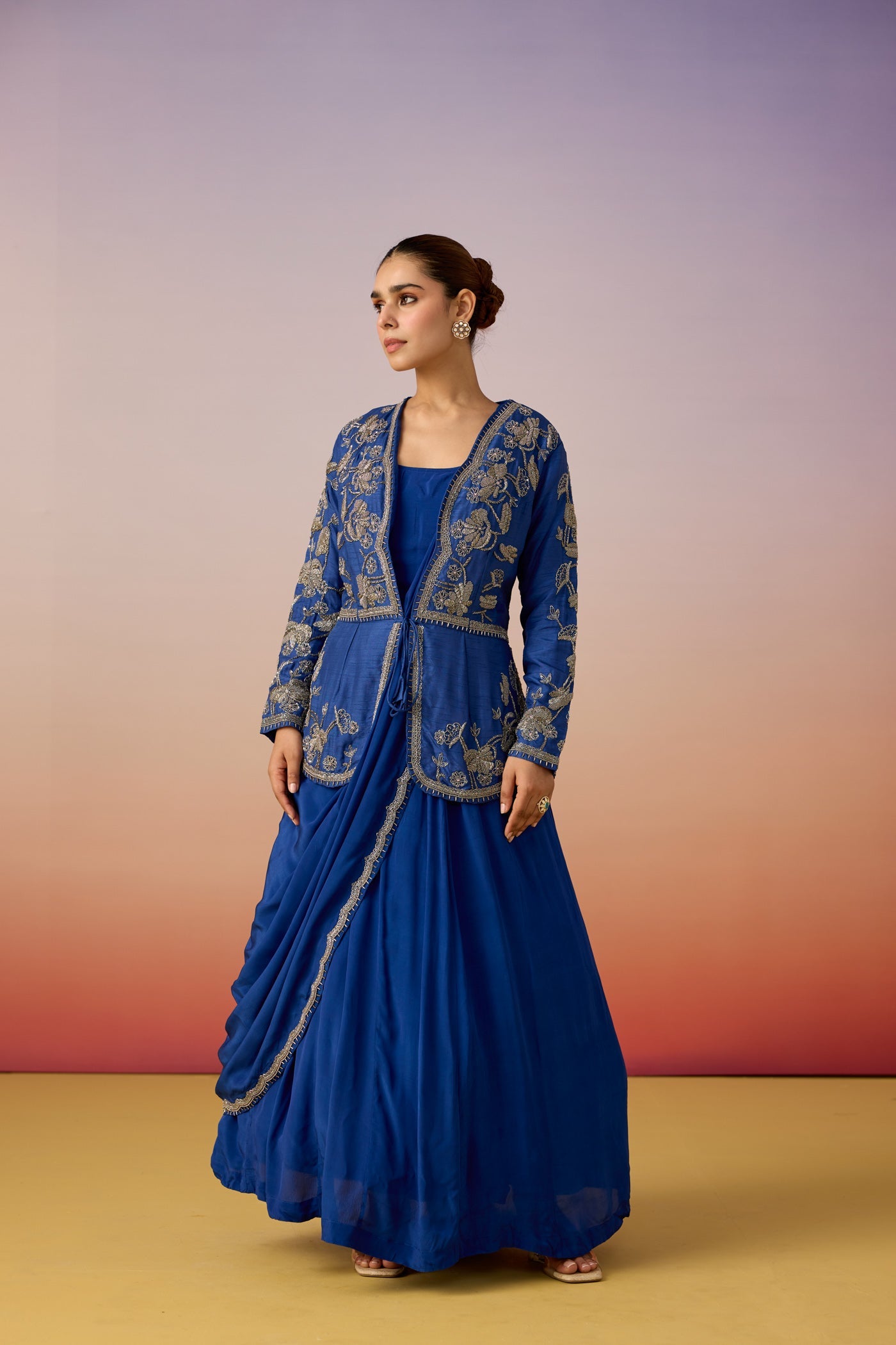 Royal Blue Embellished Raw Silk Anarkali Set