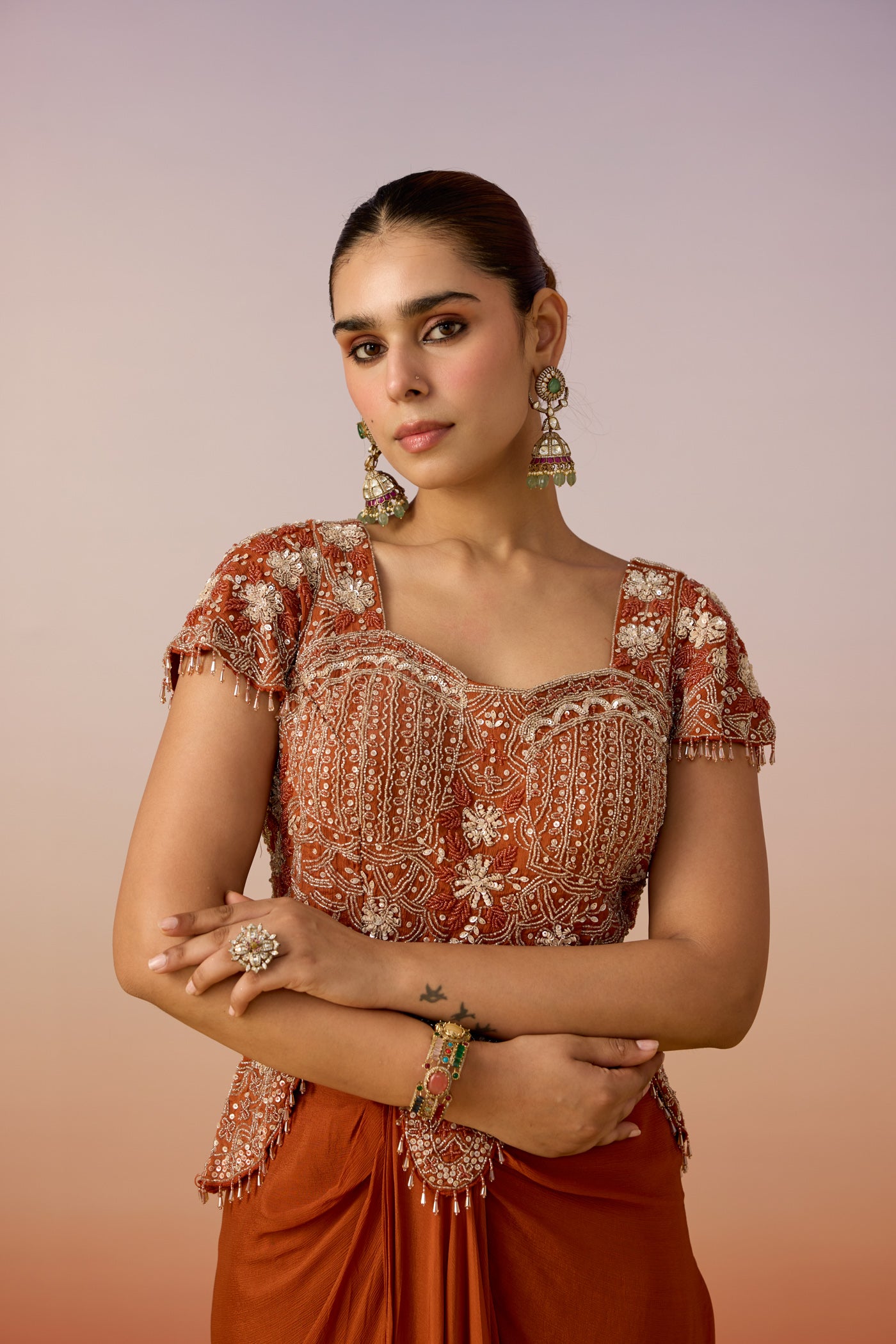 Orange Rust Embellished Georgette Silk Skirt Set