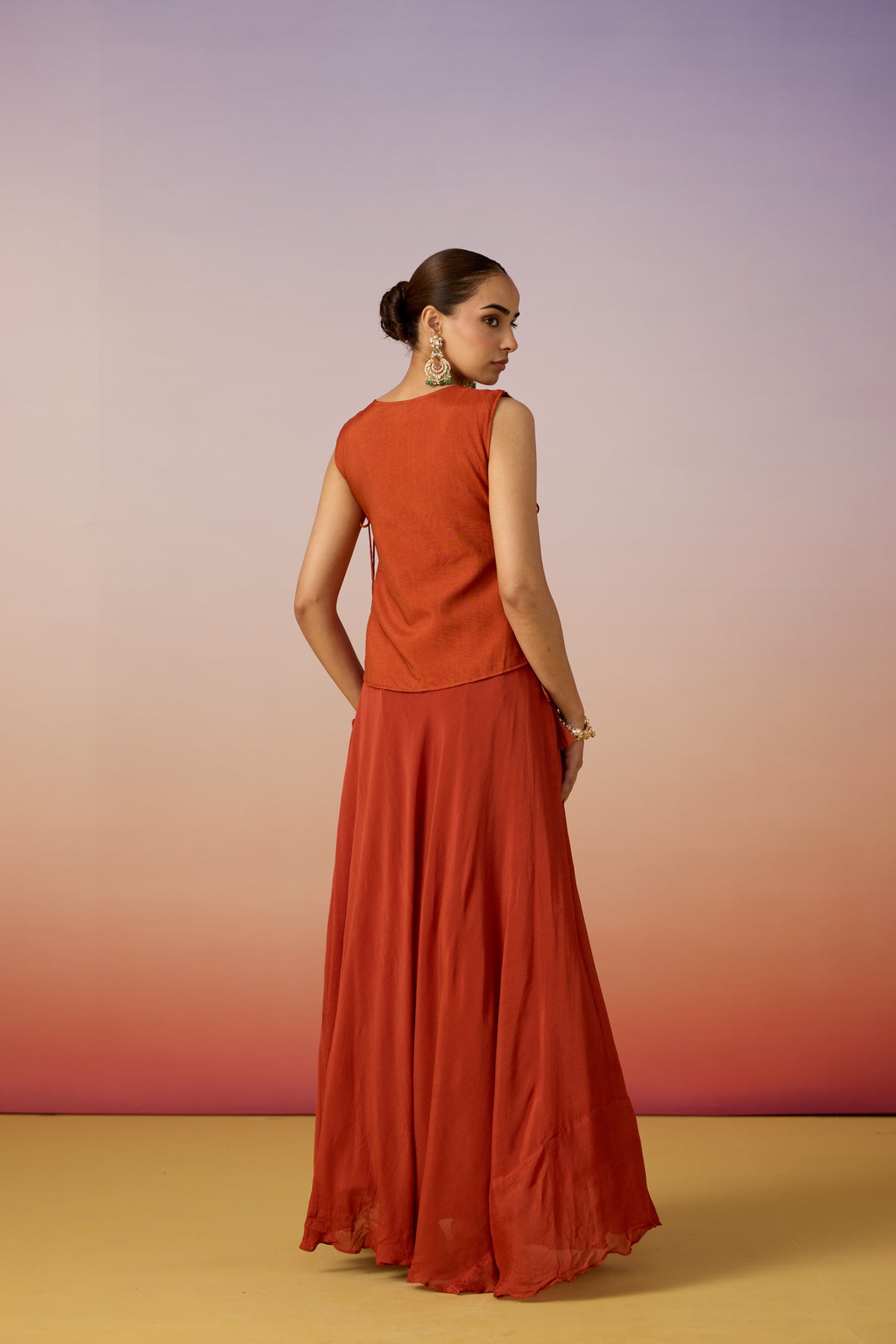 Bright Orange Embellished Tissue Silk Skirt Set