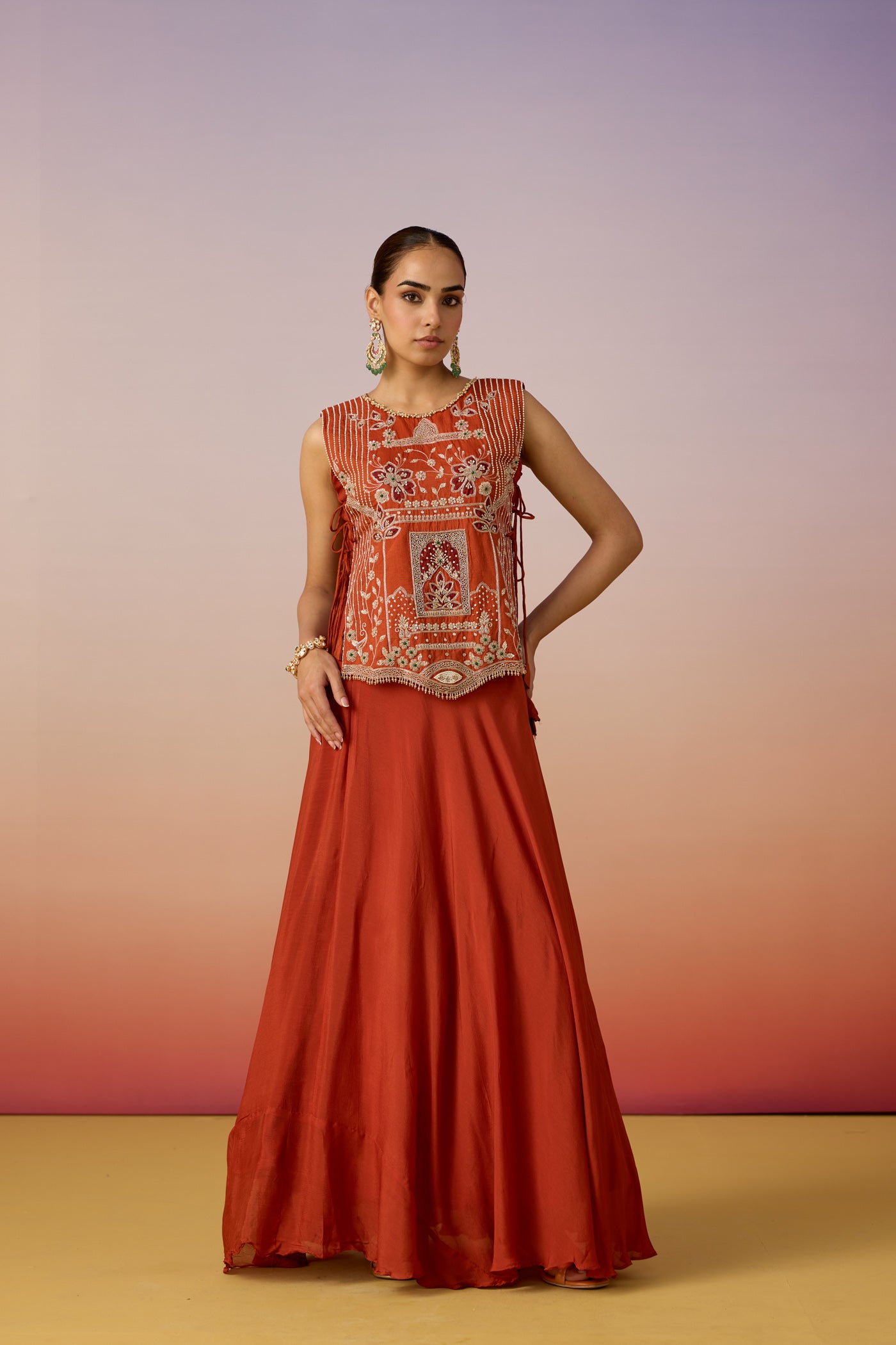 Bright Orange Embellished Tissue Silk Skirt Set