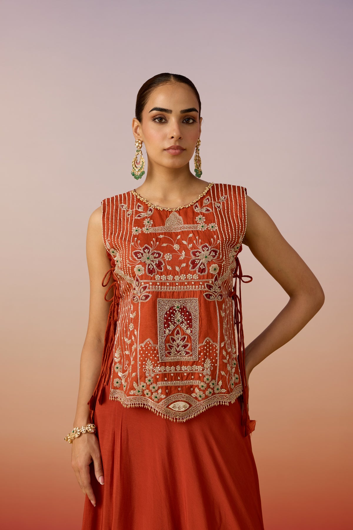 Bright Orange Embellished Tissue Silk Skirt Set