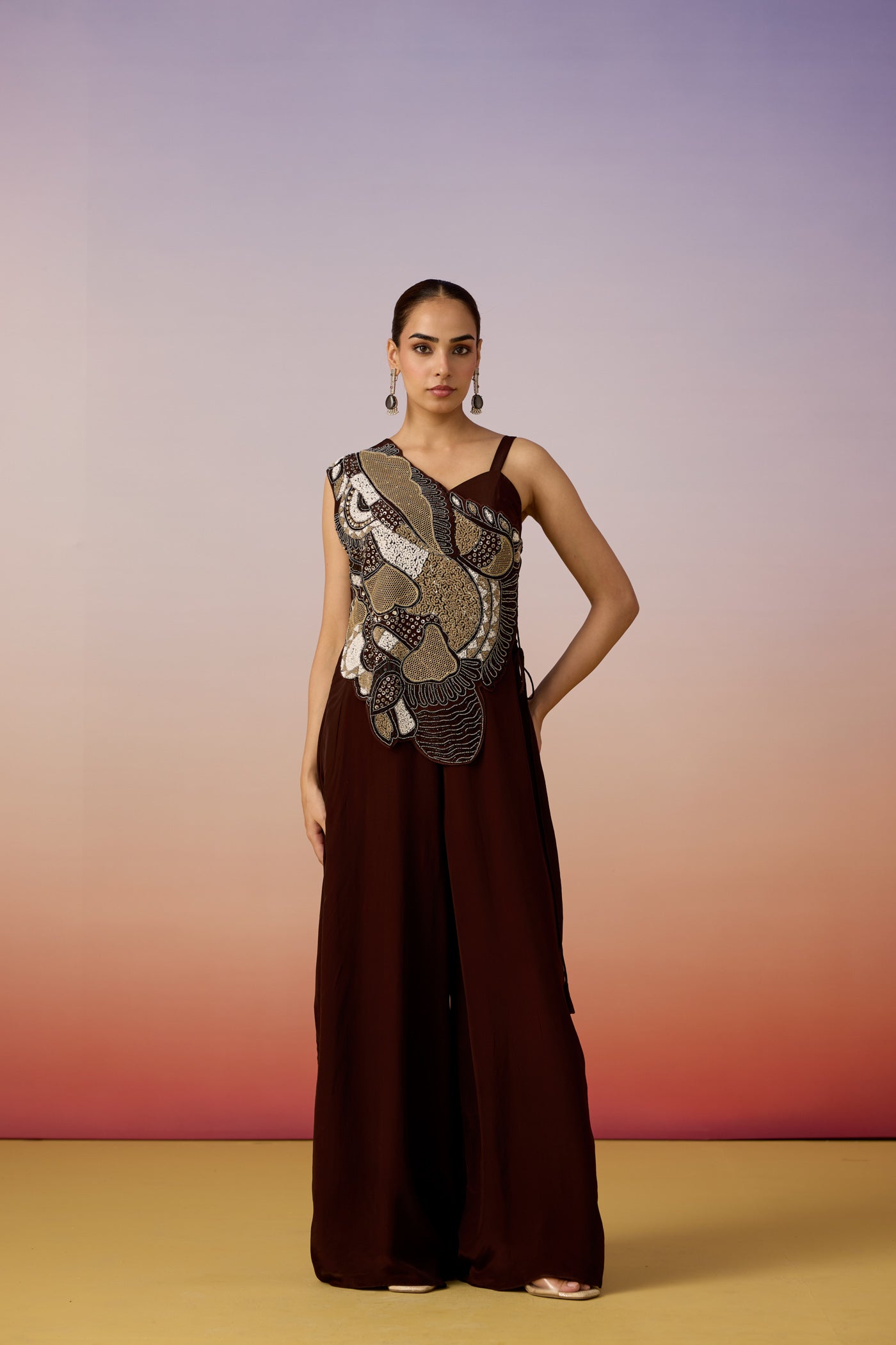 Espresso Embellished Crepe Silk Jumpsuit
