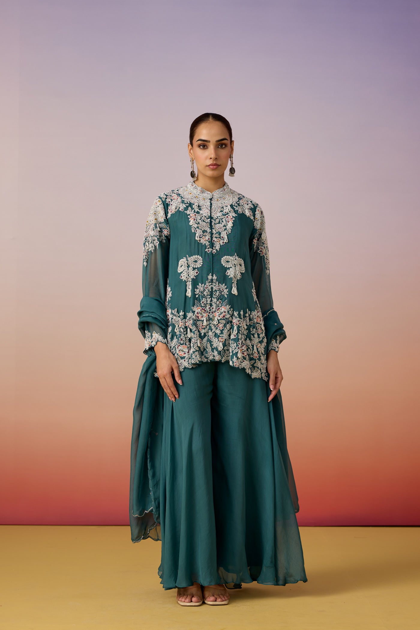 Light Teal Embellished Organza Silk Palazzo Set