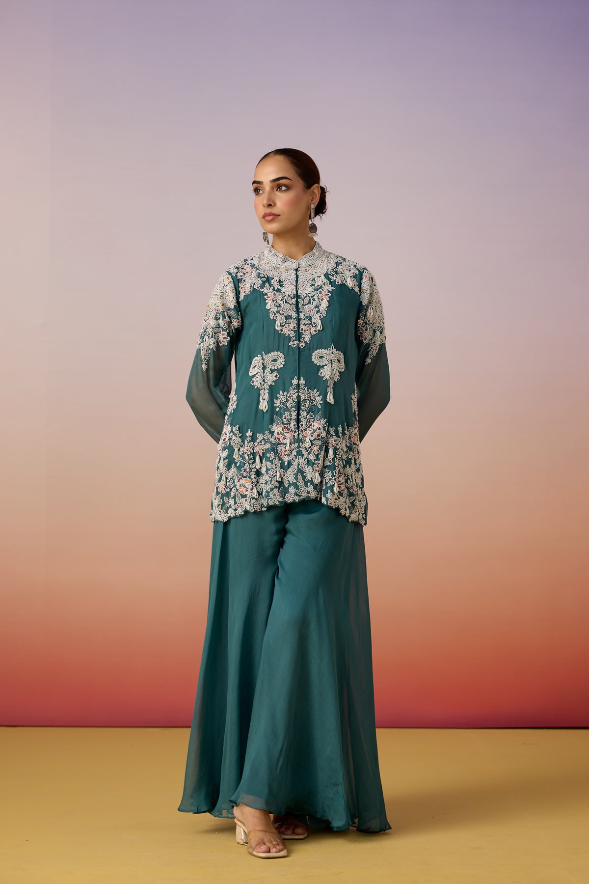Light Teal Embellished Organza Silk Palazzo Set