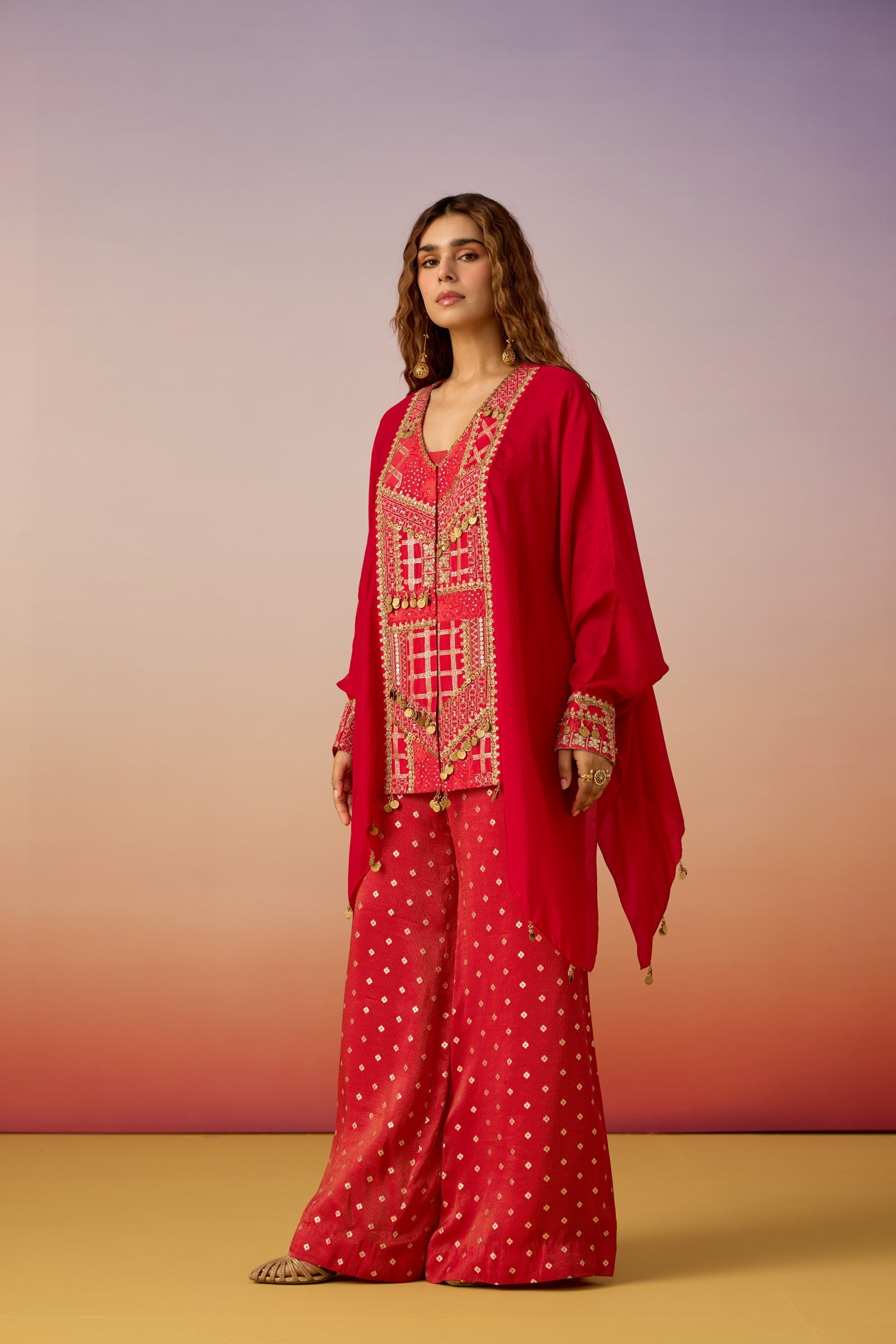 Bold Red Embellished Crepe Silk Kaftan Set