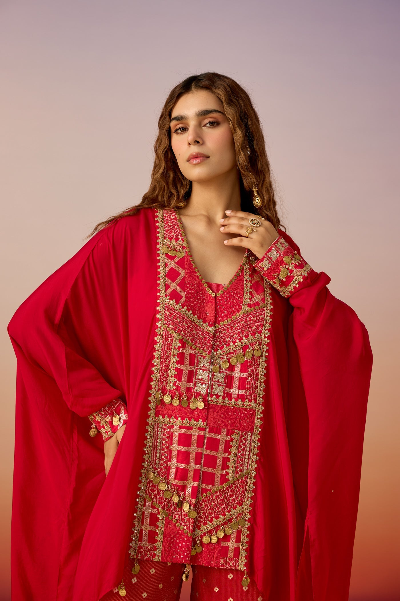 Bold Red Embellished Crepe Silk Kaftan Set