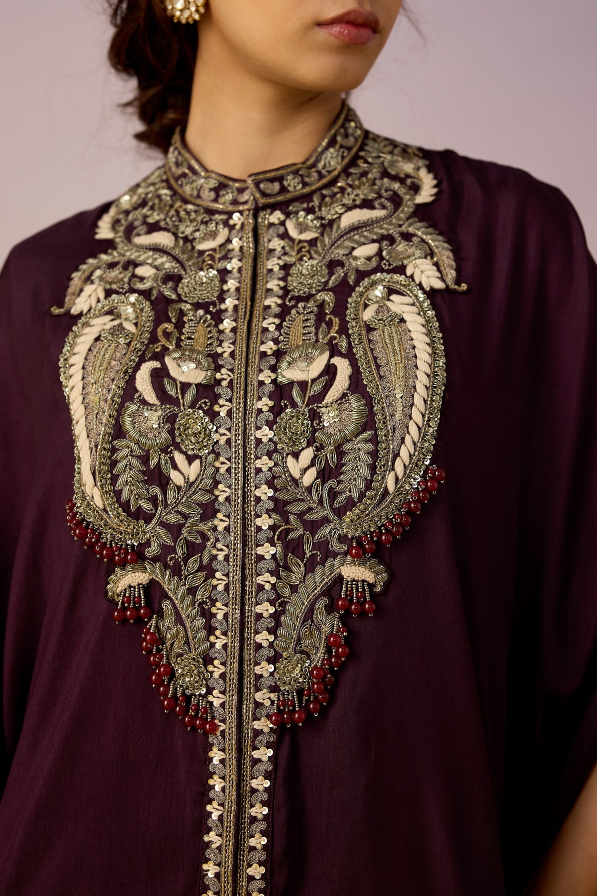 Royal Mulberry Embellished Crepe Silk Kaftan Set