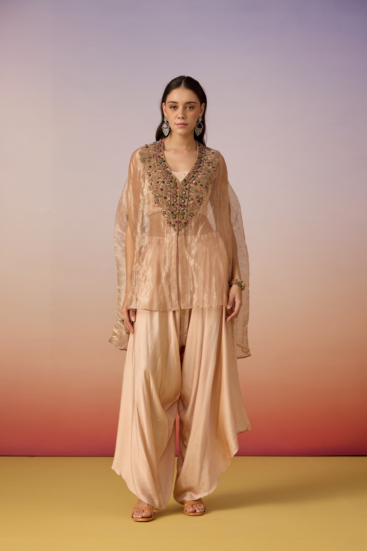 Peach Beige Embellished Shimmer Tissue Silk Co-Ord Set
