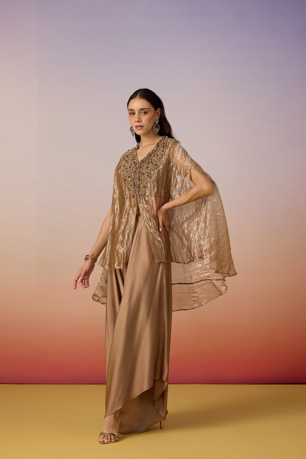 Bronze Brown Embellished Shimmer Tissue Silk Co-Ord Set