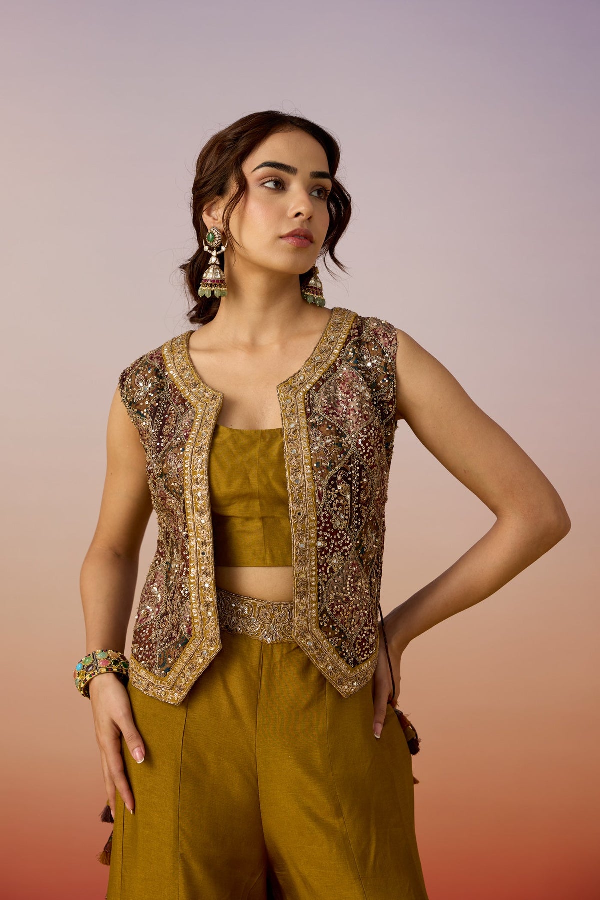 Olive Green Embellished Premium Silk Palazzo Set