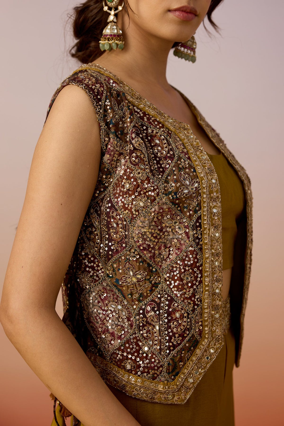 Olive Green Embellished Premium Silk Palazzo Set