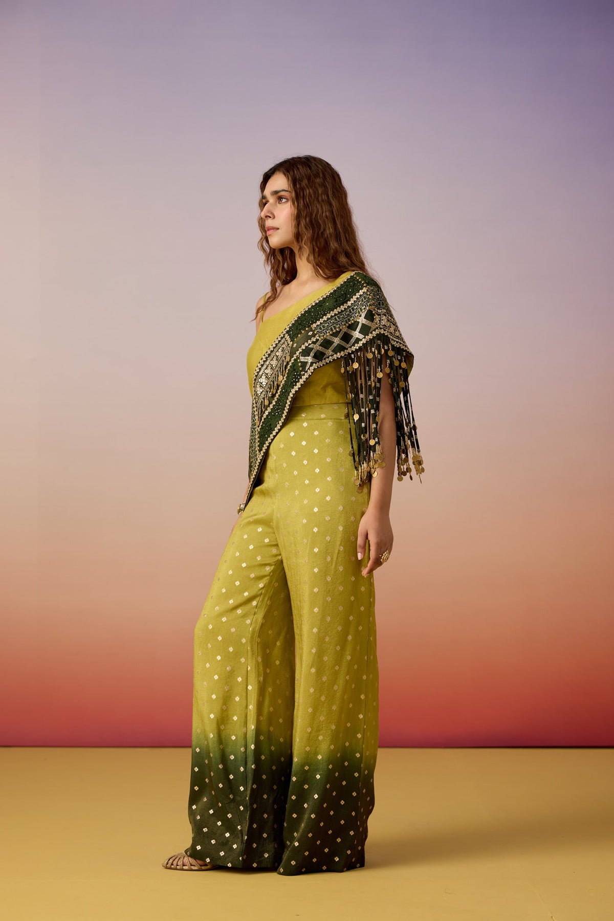 Forest Green Ombre Embellished Raw Silk Co-Ord Set