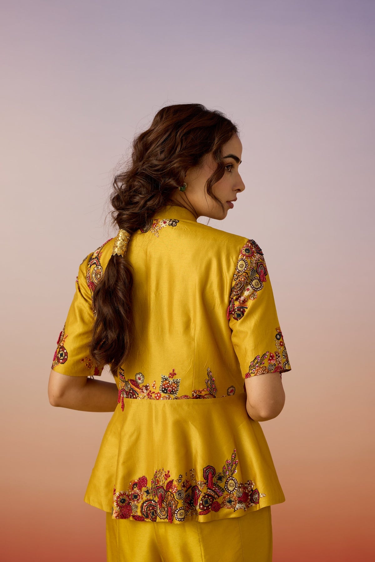 Antique Yellow Embellished Premium Silk Palazzo Set