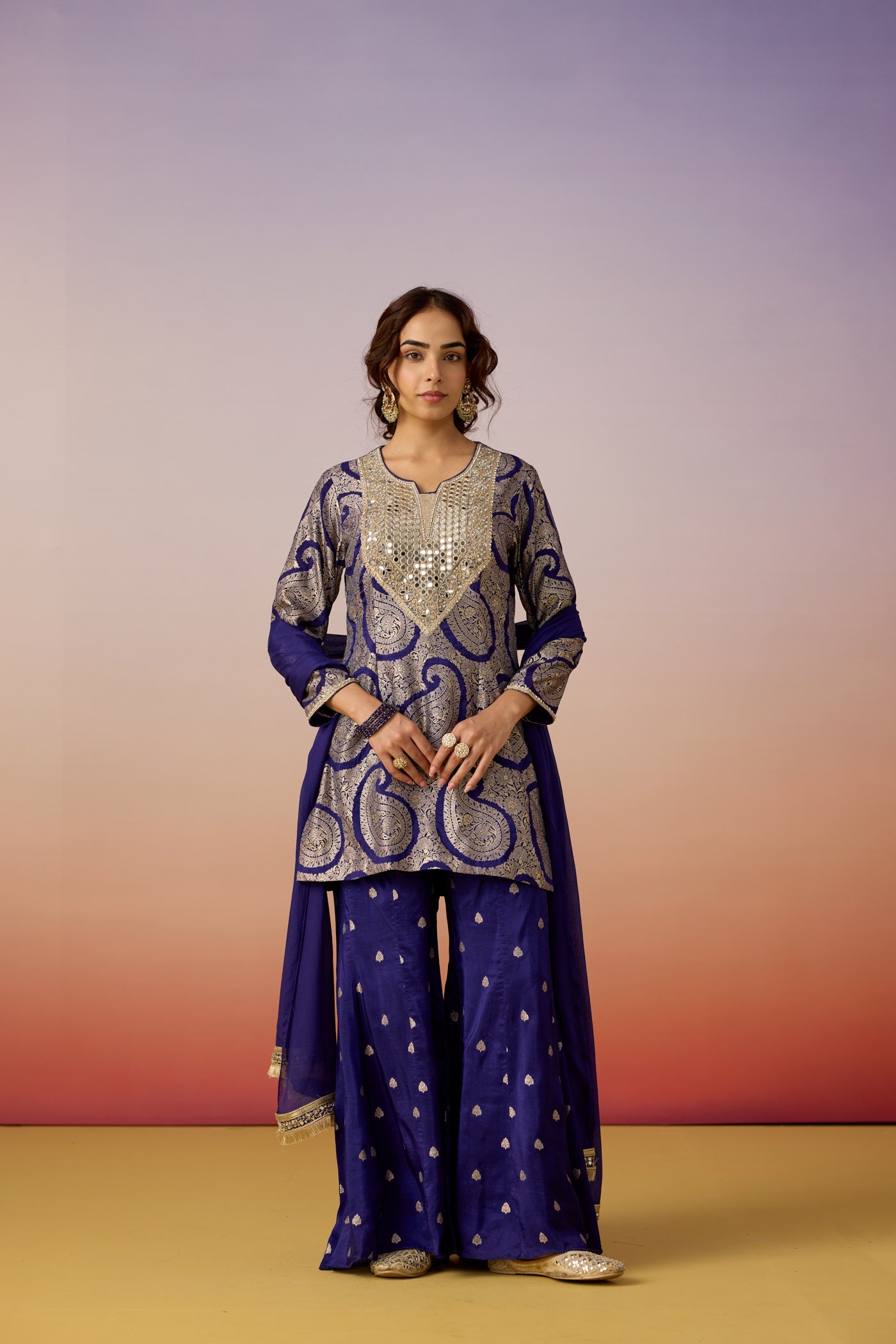Royal Blue Embellished Brocade Silk Palazzo Set